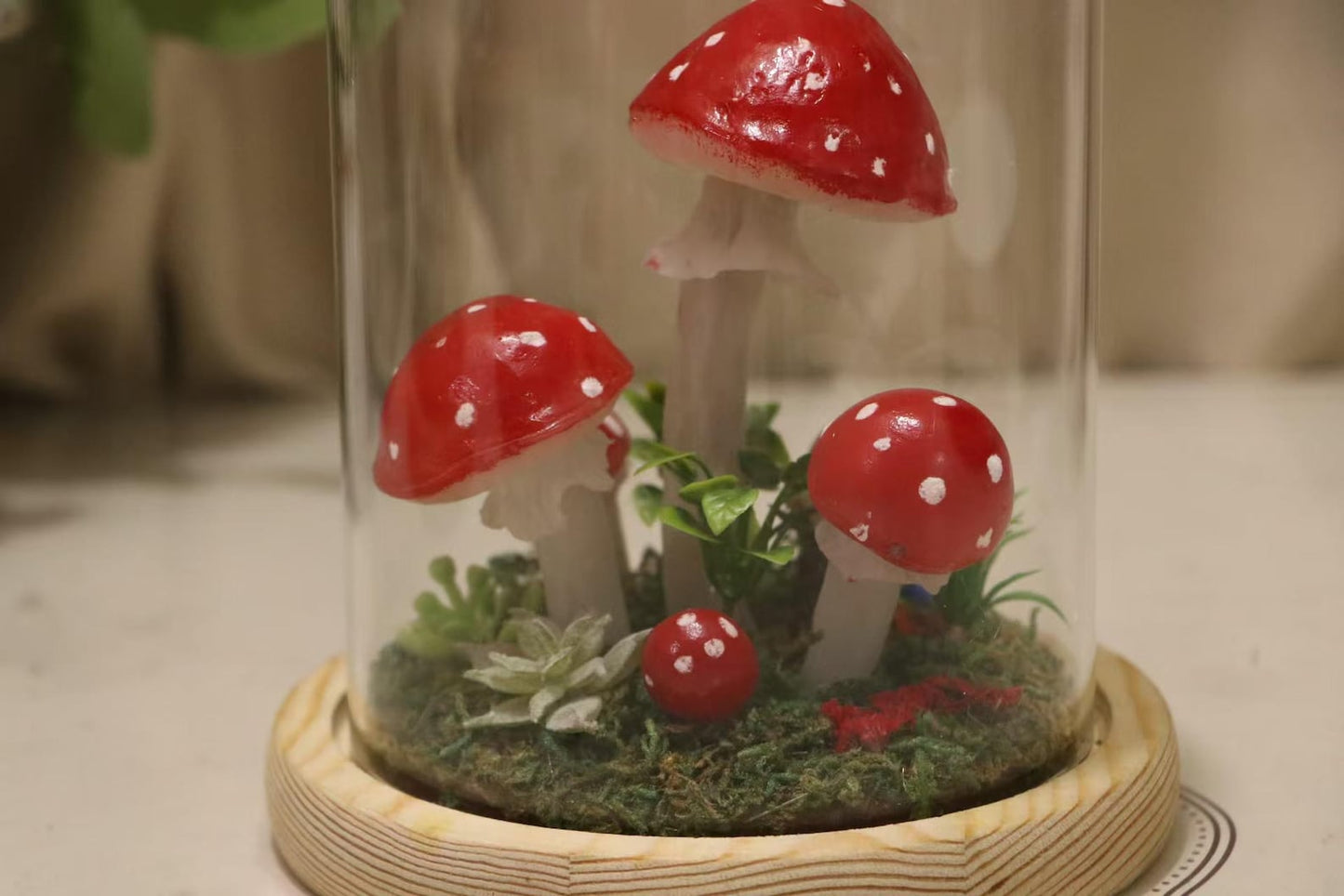 Amanita Muscaria Fly Agaric Glass Dome Mushroom Night Light, Moss Bedside Decor Lamp