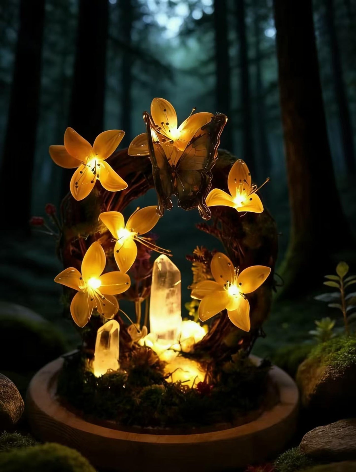 Blue Butterfly Wreath Quartz Crystal Night Light, Flower Moss Forest Bedside Decor Lamp