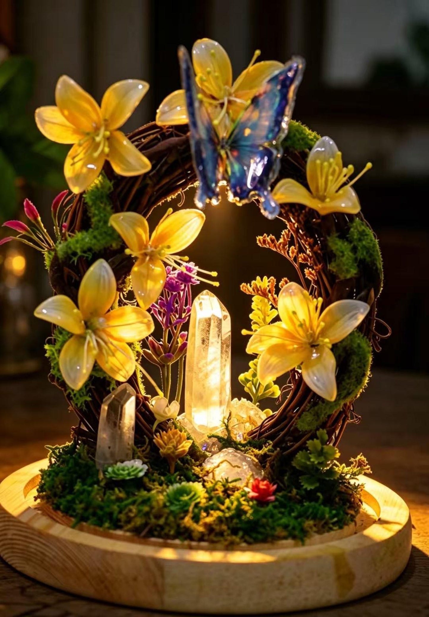 Blue Butterfly Wreath Quartz Crystal Night Light, Flower Moss Forest Bedside Decor Lamp