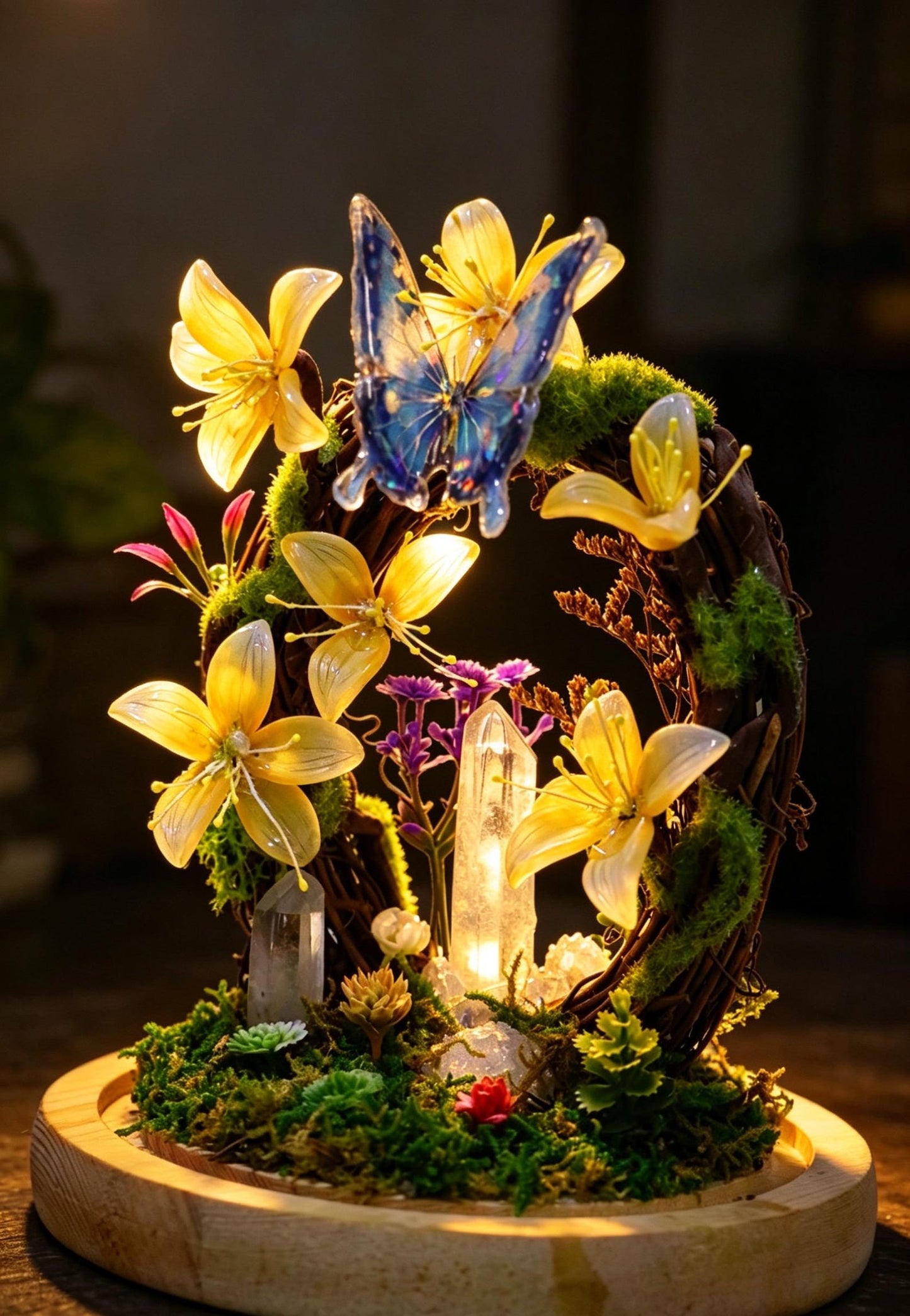 Blue Butterfly Wreath Quartz Crystal Night Light, Flower Moss Forest Bedside Decor Lamp