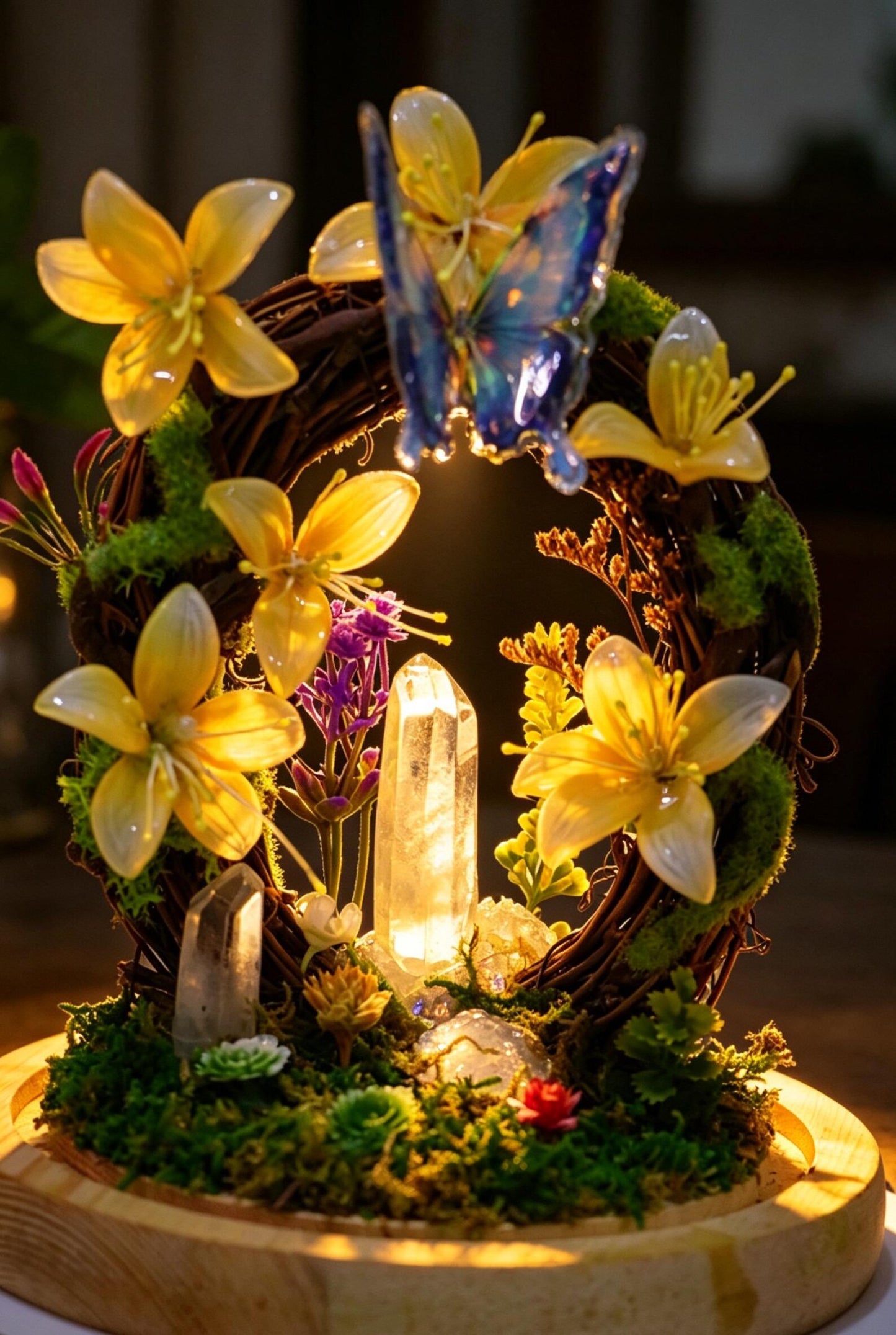 Blue Butterfly Wreath Quartz Crystal Night Light, Flower Moss Forest Bedside Decor Lamp