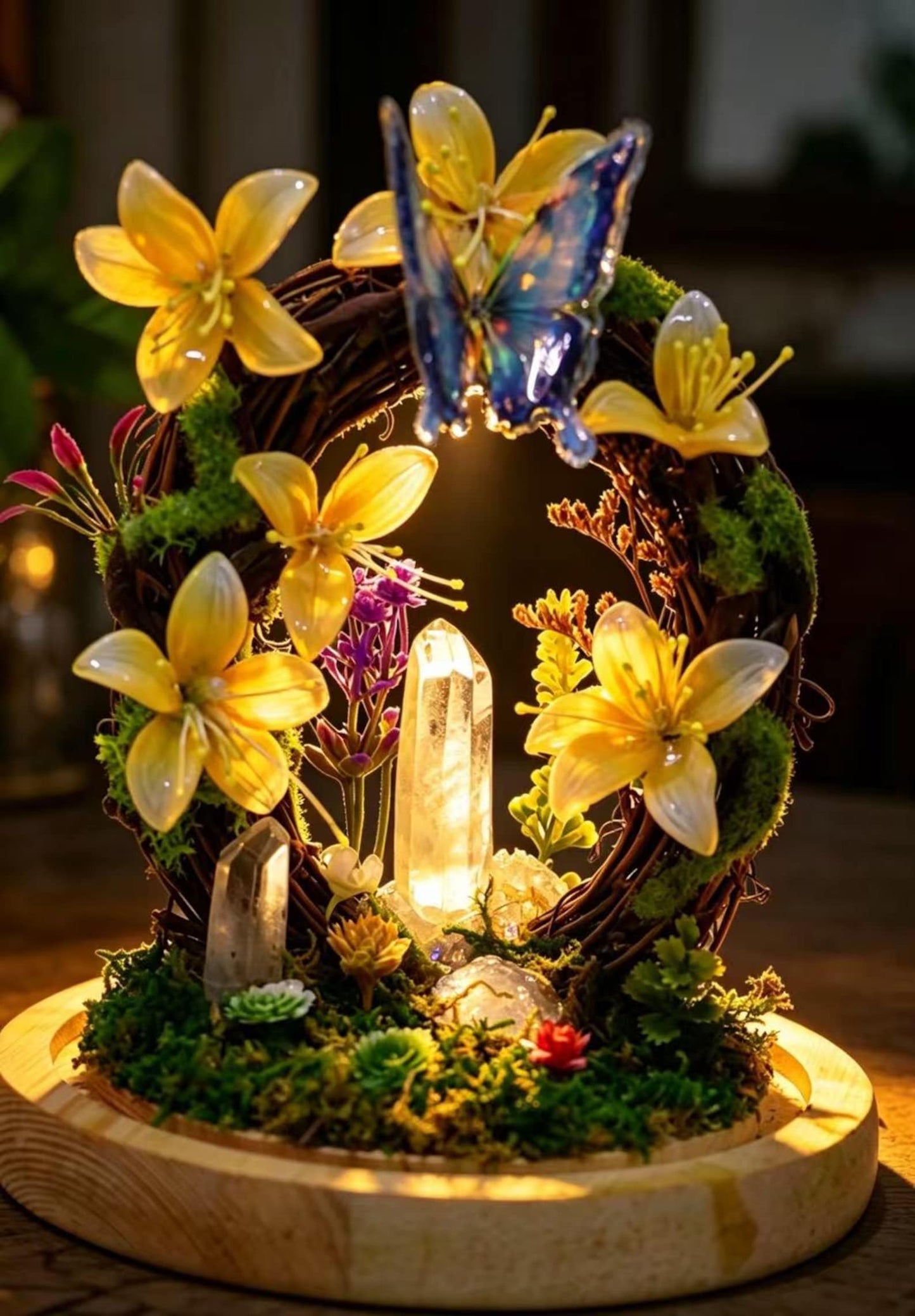 Blue Butterfly Wreath Quartz Crystal Night Light, Flower Moss Forest Bedside Decor Lamp