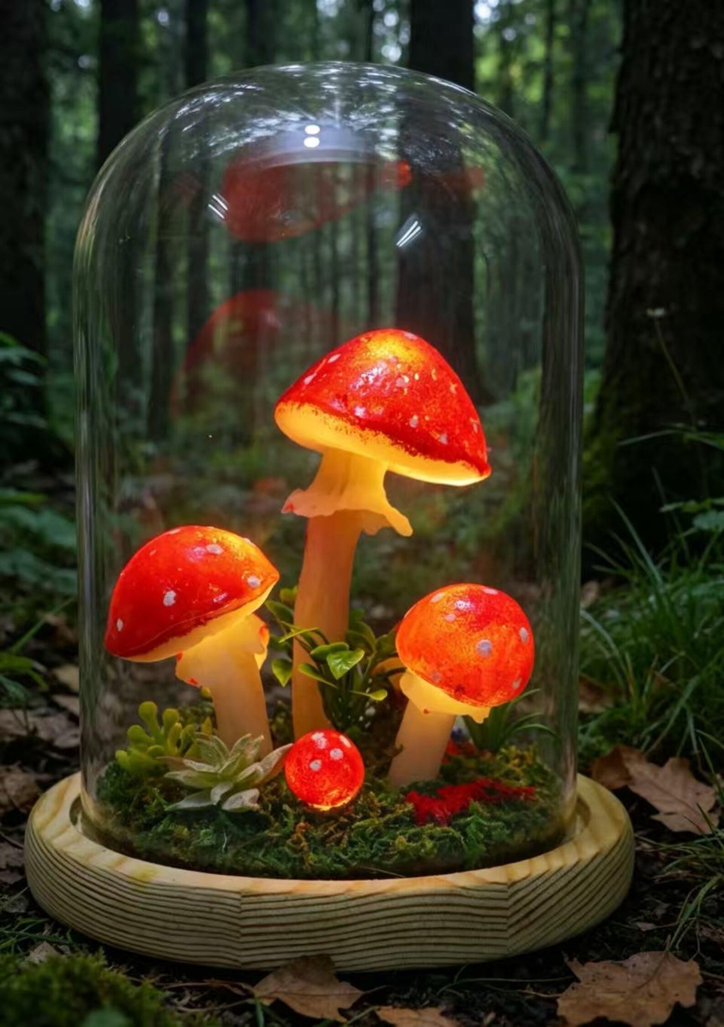 Amanita Muscaria Fly Agaric Glass Dome Mushroom Night Light, Moss Bedside Decor Lamp