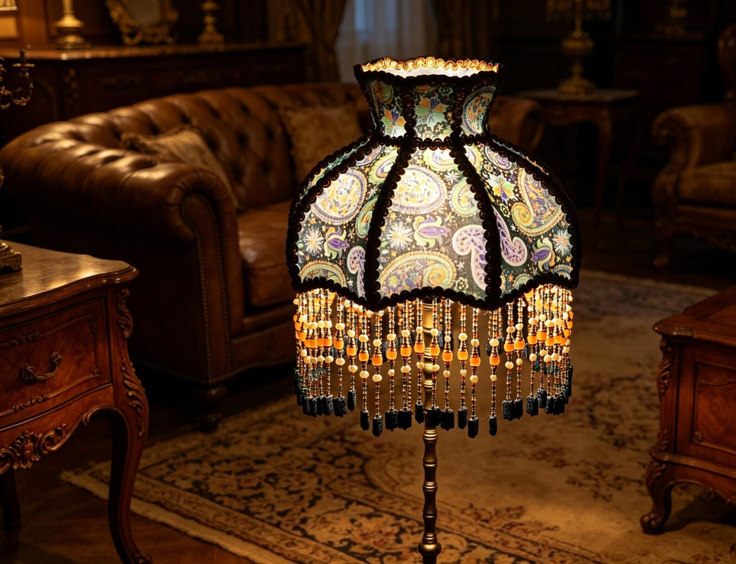 Handmade Victorian paisley beaded tassel floor lamp, Bohemian-style deep blue floral lamp, a unique housewarming gift.