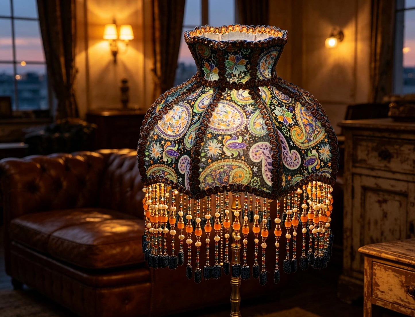 Handmade Victorian paisley beaded tassel floor lamp, Bohemian-style deep blue floral lamp, a unique housewarming gift.