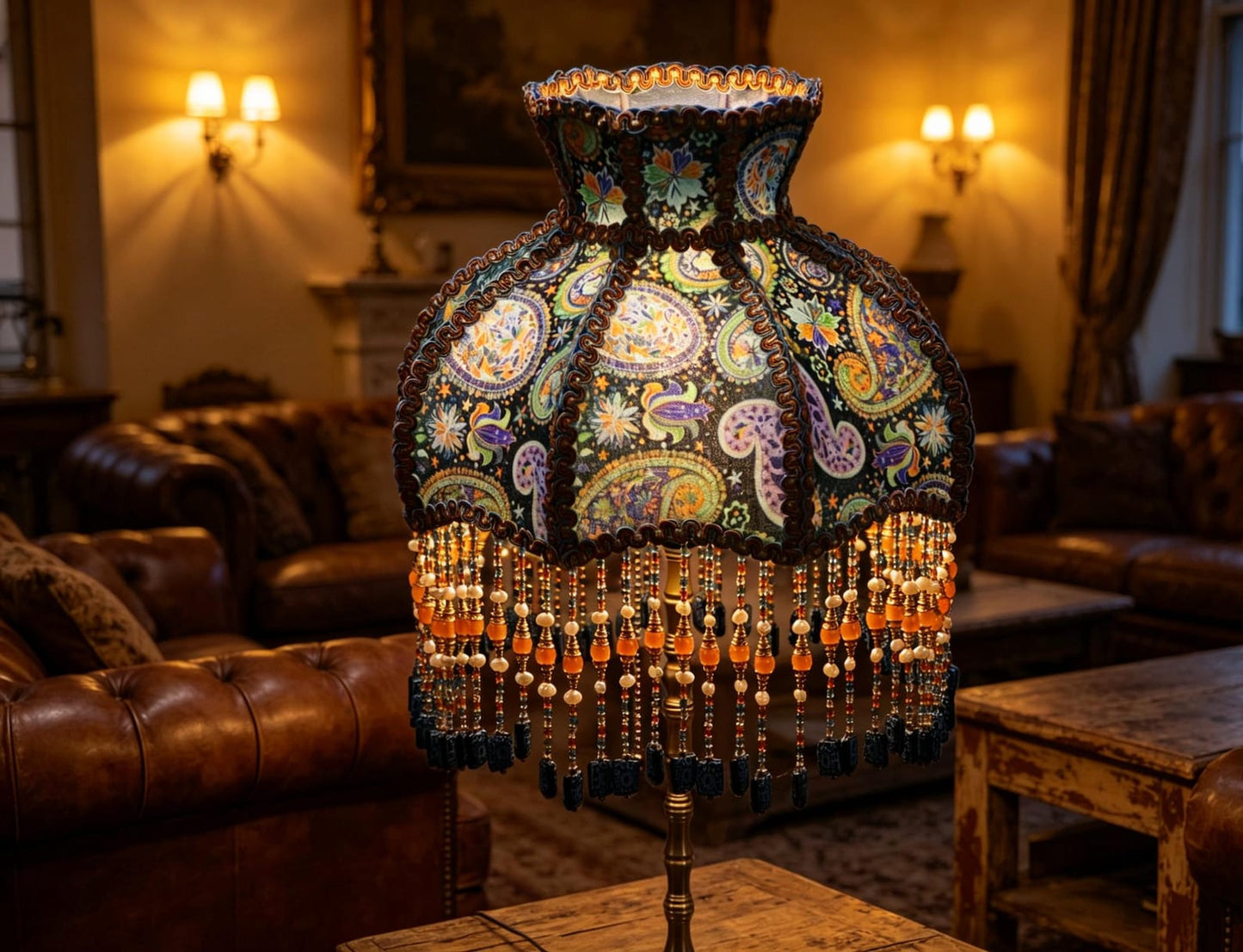 Handmade Victorian paisley beaded tassel floor lamp, Bohemian-style deep blue floral lamp, a unique housewarming gift.