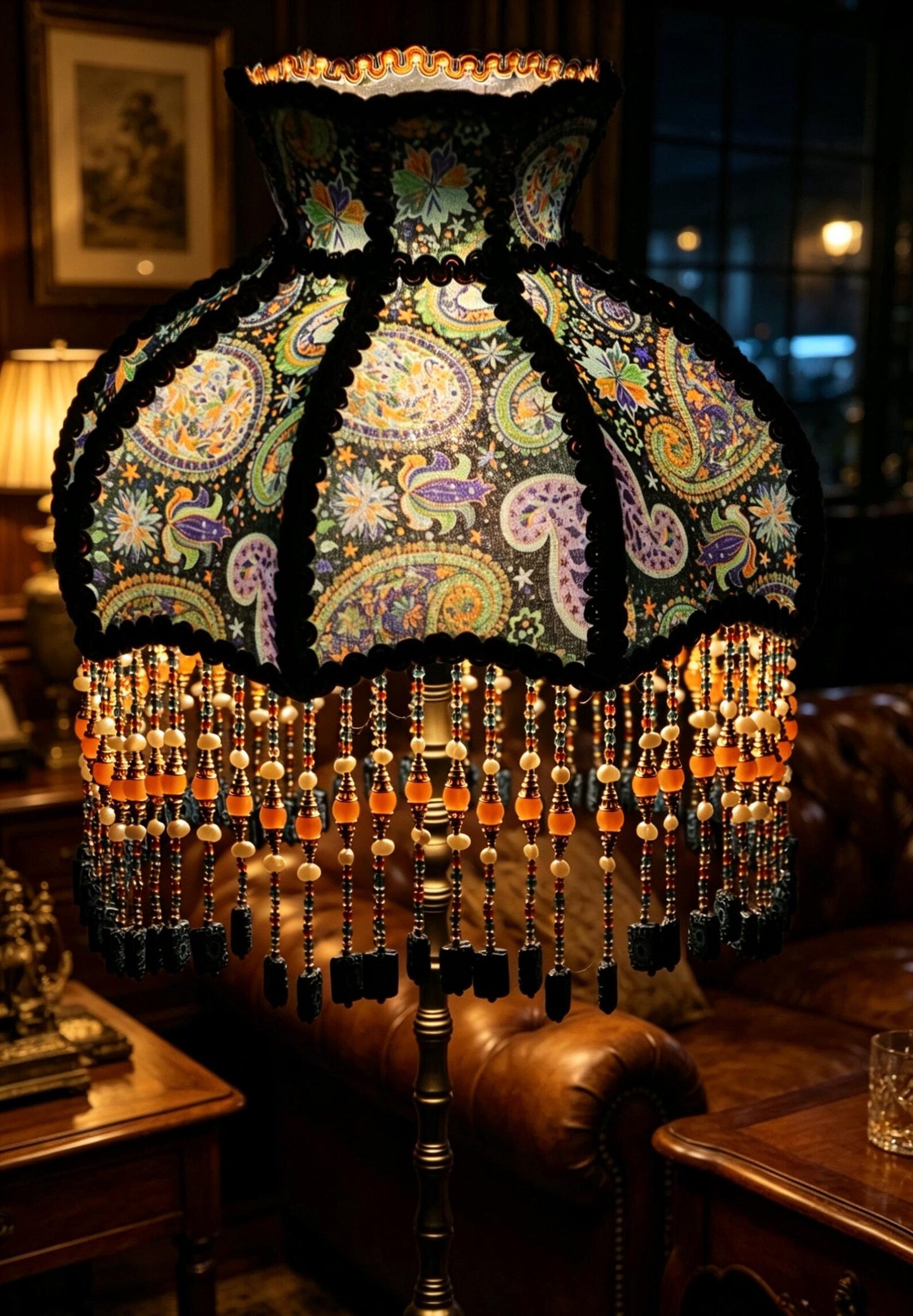 Handmade Victorian paisley beaded tassel floor lamp, Bohemian-style deep blue floral lamp, a unique housewarming gift.