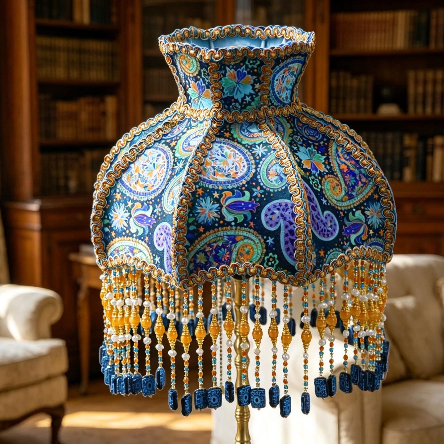Handmade Victorian paisley beaded tassel floor lamp, Bohemian-style deep blue floral lamp, a unique housewarming gift.