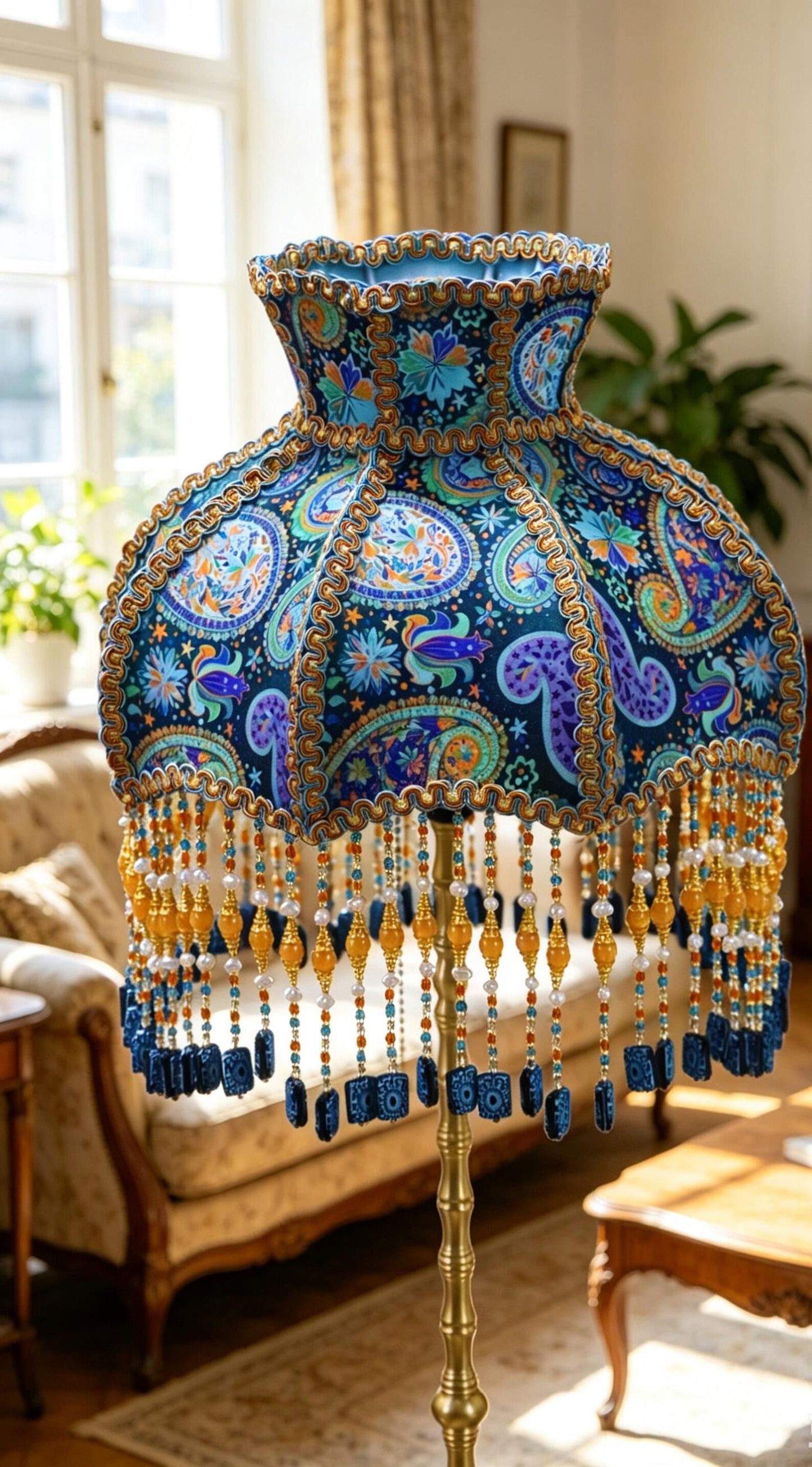 Handmade Victorian paisley beaded tassel floor lamp, Bohemian-style deep blue floral lamp, a unique housewarming gift.