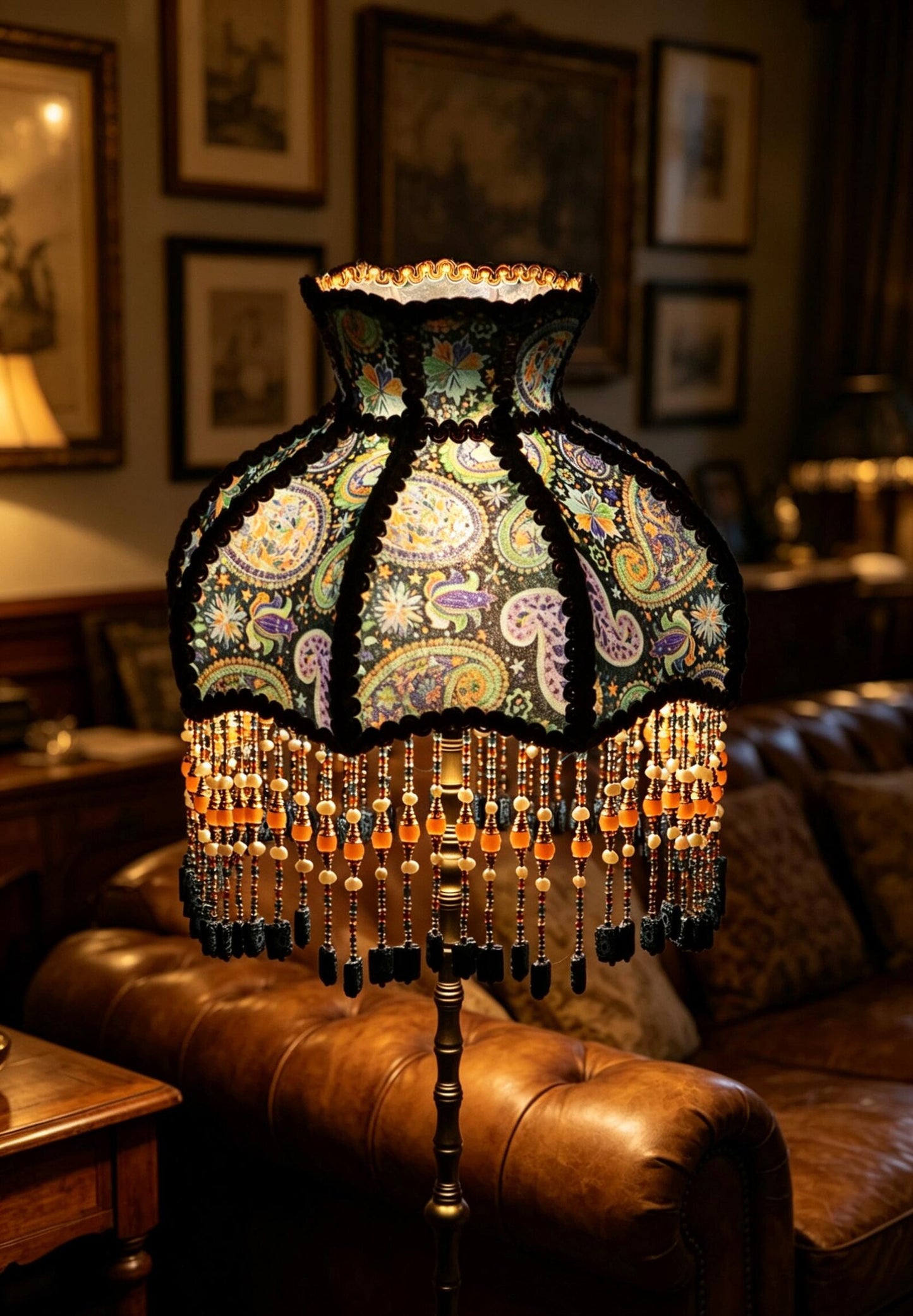 Handmade Victorian paisley beaded tassel floor lamp, Bohemian-style deep blue floral lamp, a unique housewarming gift.