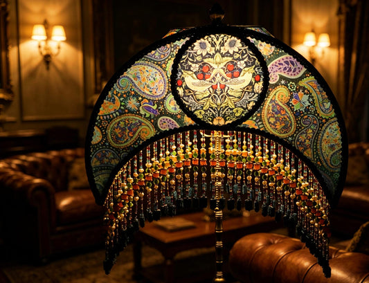Handcrafted William Morris beaded tassel floor lamp | Vintage Victorian paisley tassel floor lamp, Bohemian brass floor lamp
