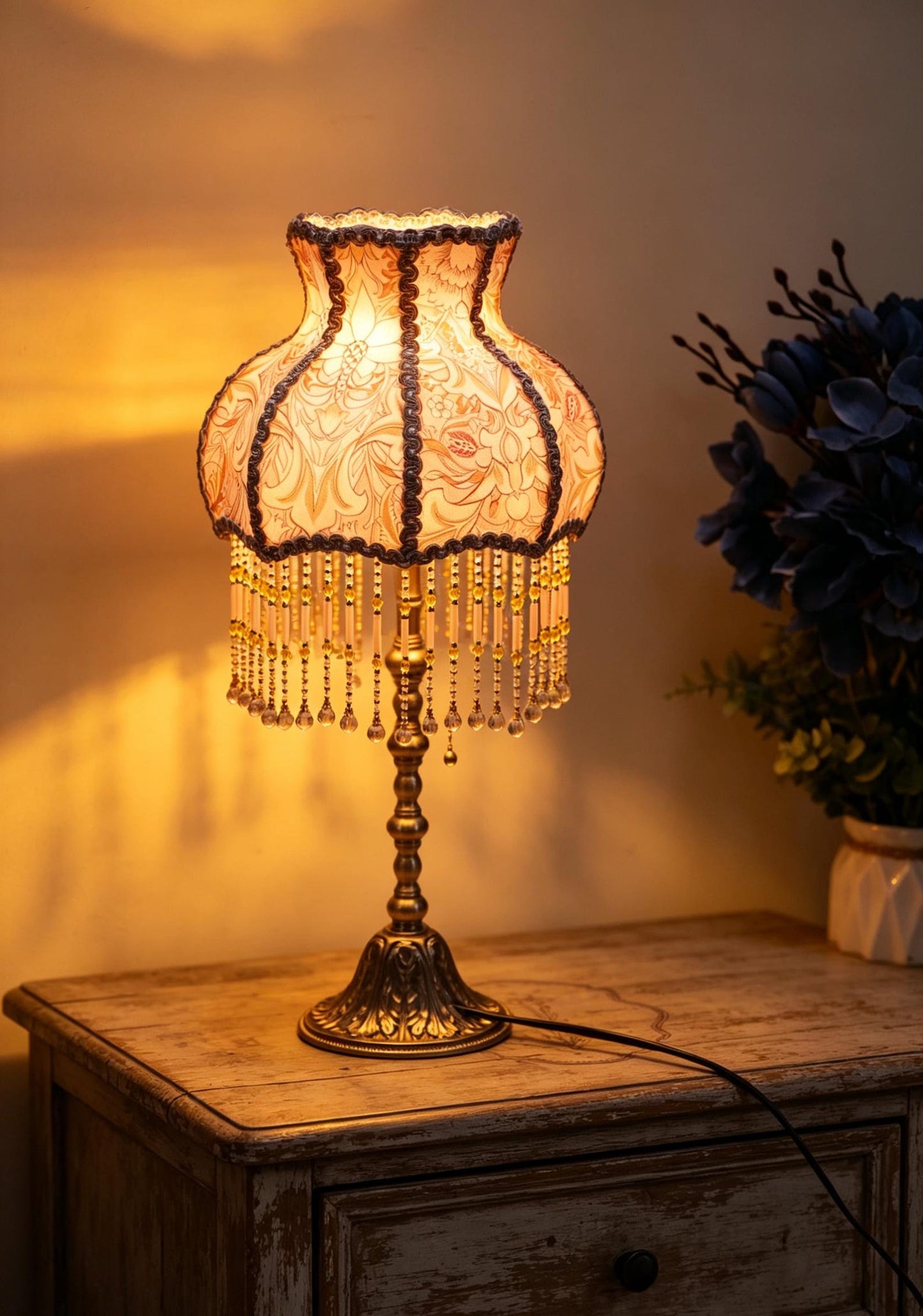 Vintage Pink Floral Beaded Table Lamp, Victorian Brass Accent Light