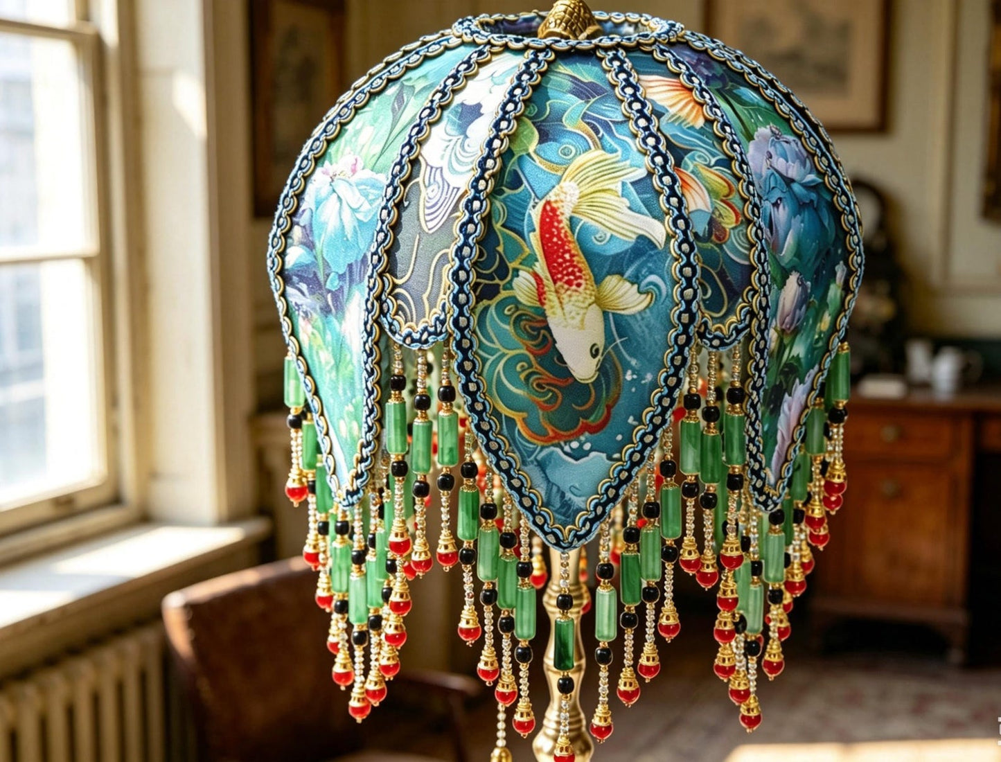 Vintage Koi Fish Beaded Lamp, Victorian Teal Floral Lampshade, Brass Base Accent Light