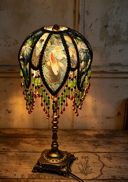 Vintage Koi Fish Beaded Lamp, Victorian Teal Floral Lampshade, Brass Base Accent Light
