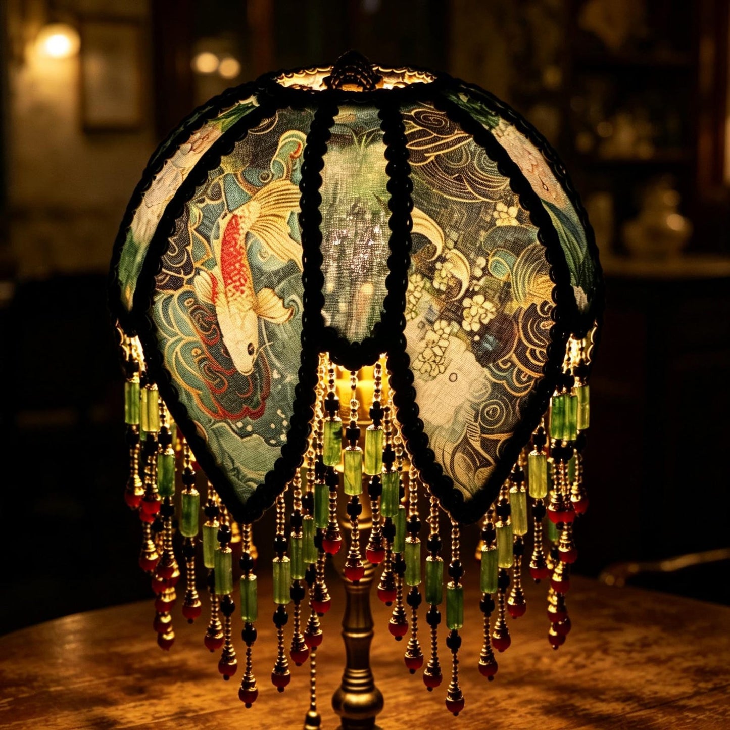 Vintage Koi Fish Beaded Lamp, Victorian Teal Floral Lampshade, Brass Base Accent Light