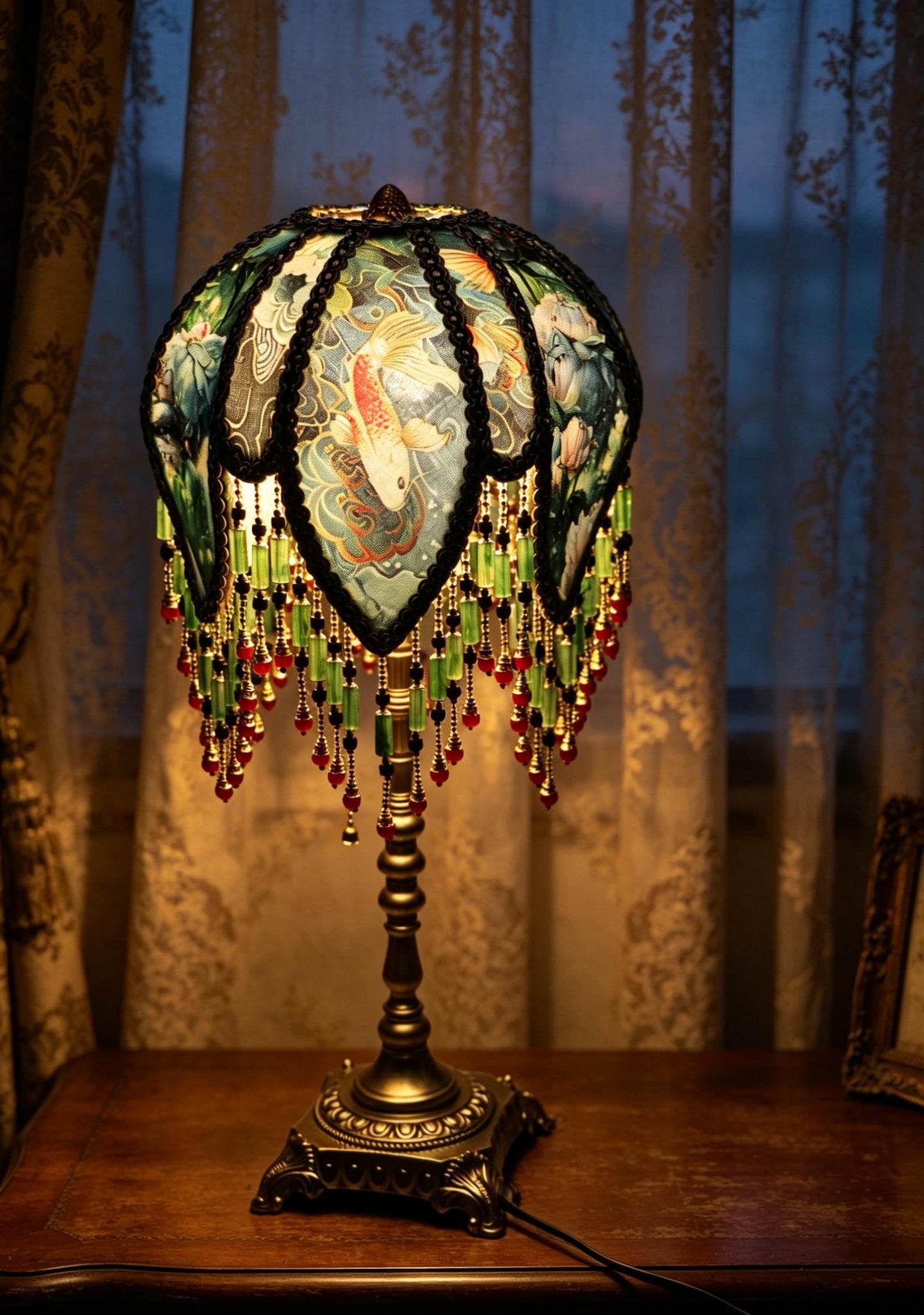 Vintage Koi Fish Beaded Lamp, Victorian Teal Floral Lampshade, Brass Base Accent Light