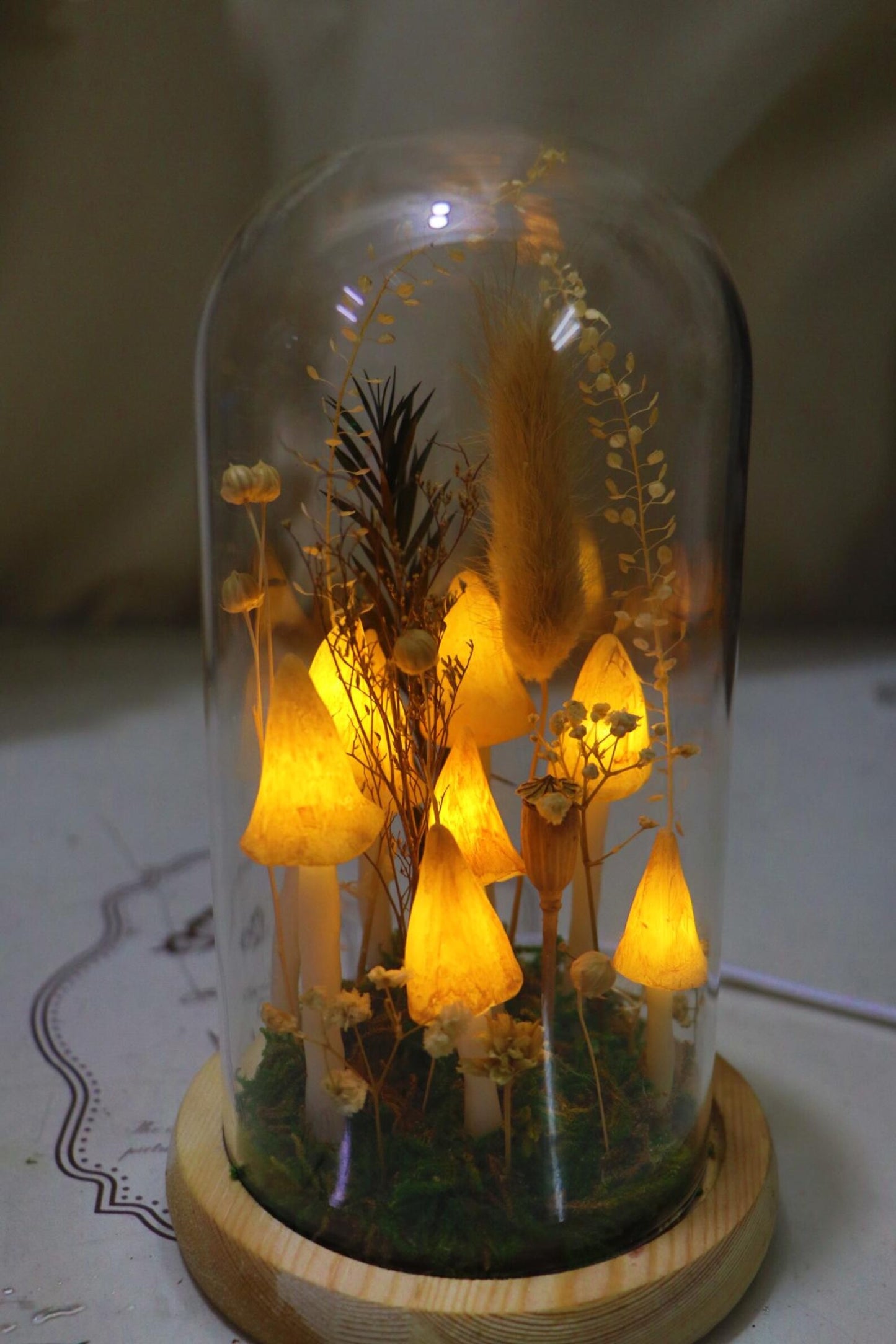 Handmade Yellow Mushroom Glass Dome Night Light, Dried Flower Moss Terrarium Bedside Lamp