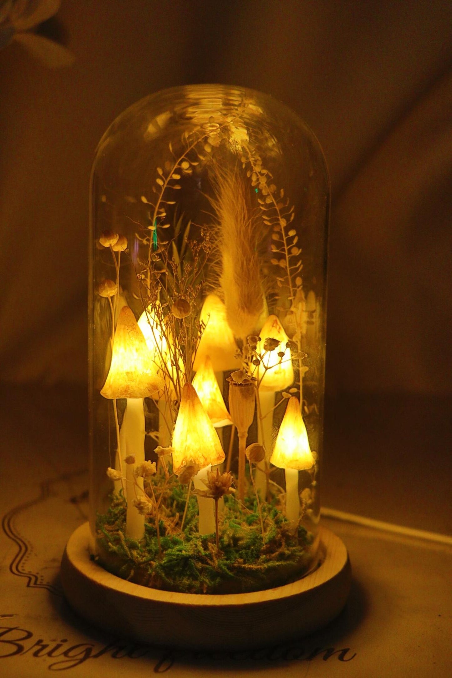 Handmade Yellow Mushroom Glass Dome Night Light, Dried Flower Moss Terrarium Bedside Lamp