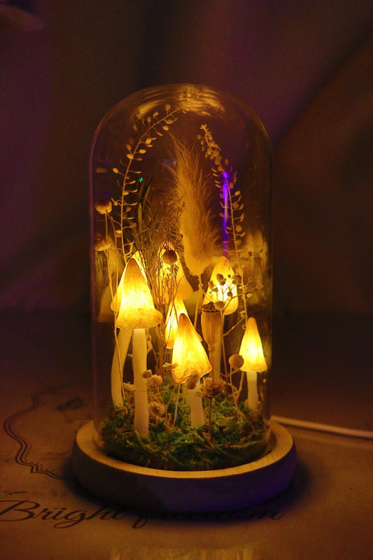 Handmade Yellow Mushroom Glass Dome Night Light, Dried Flower Moss Terrarium Bedside Lamp