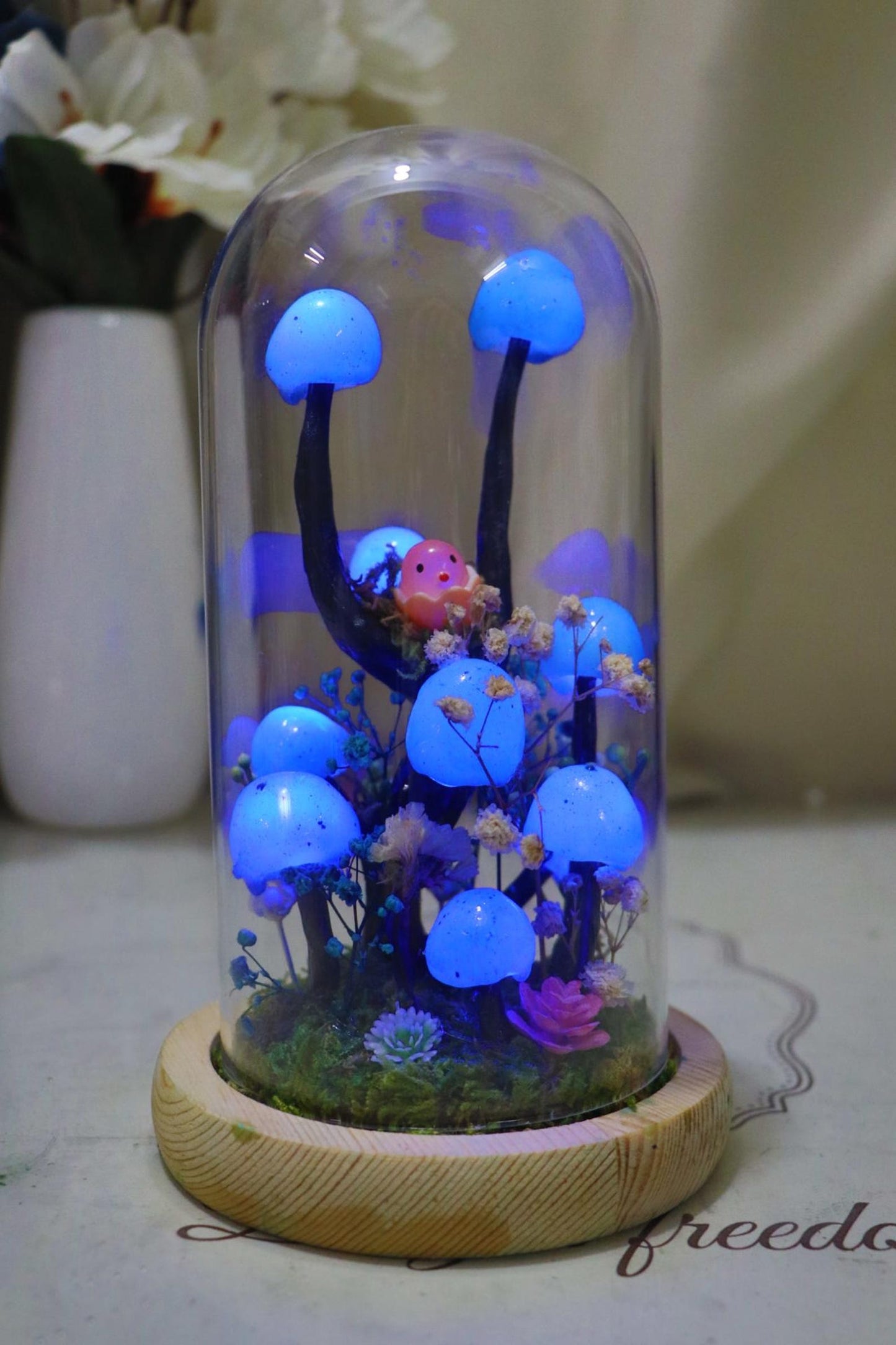 Handmade Blue Mushroom Glass Dome Night Light, Moss Terrarium Bedside Decor Lamp