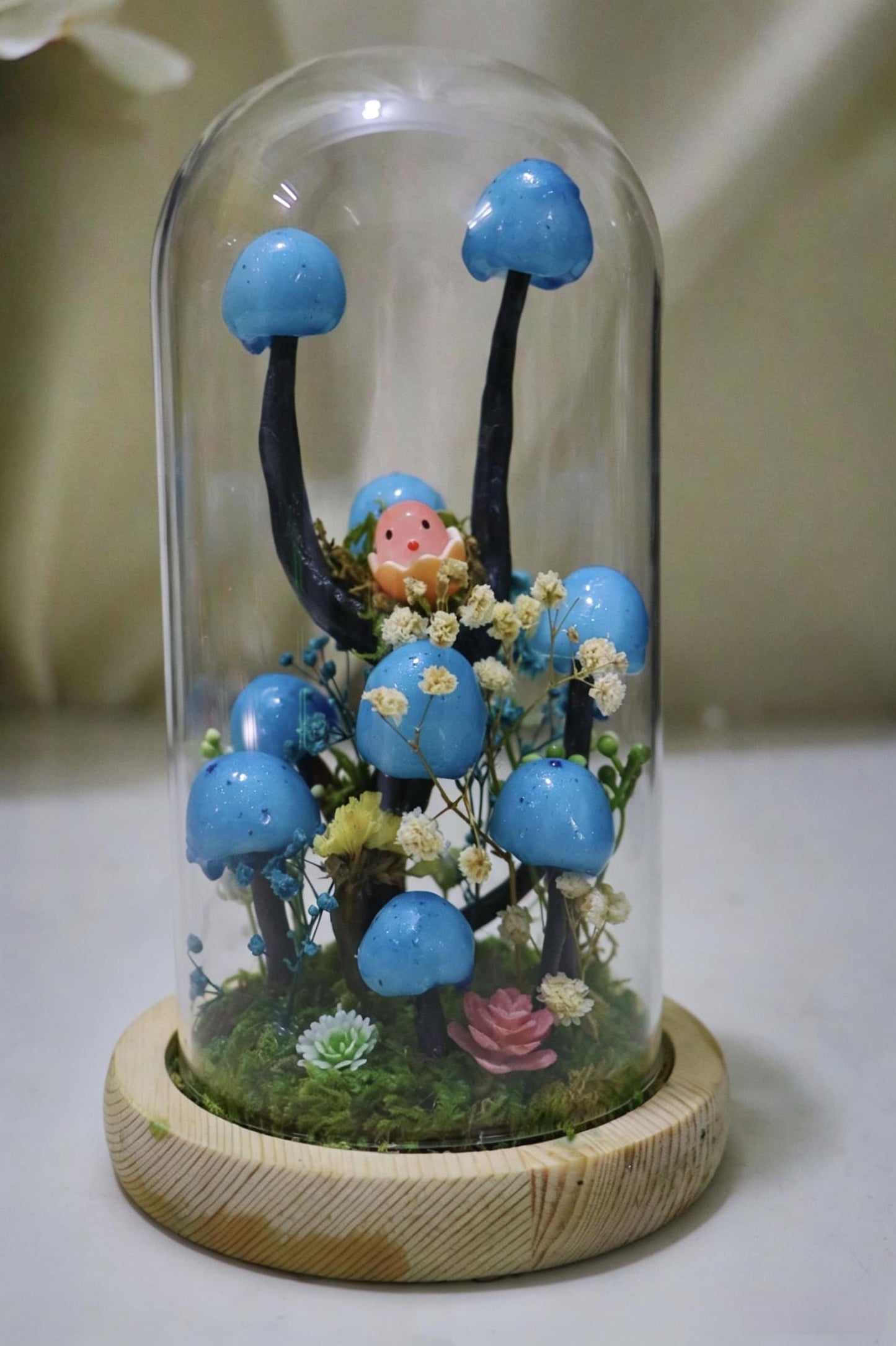 Handmade Blue Mushroom Glass Dome Night Light, Moss Terrarium Bedside Decor Lamp