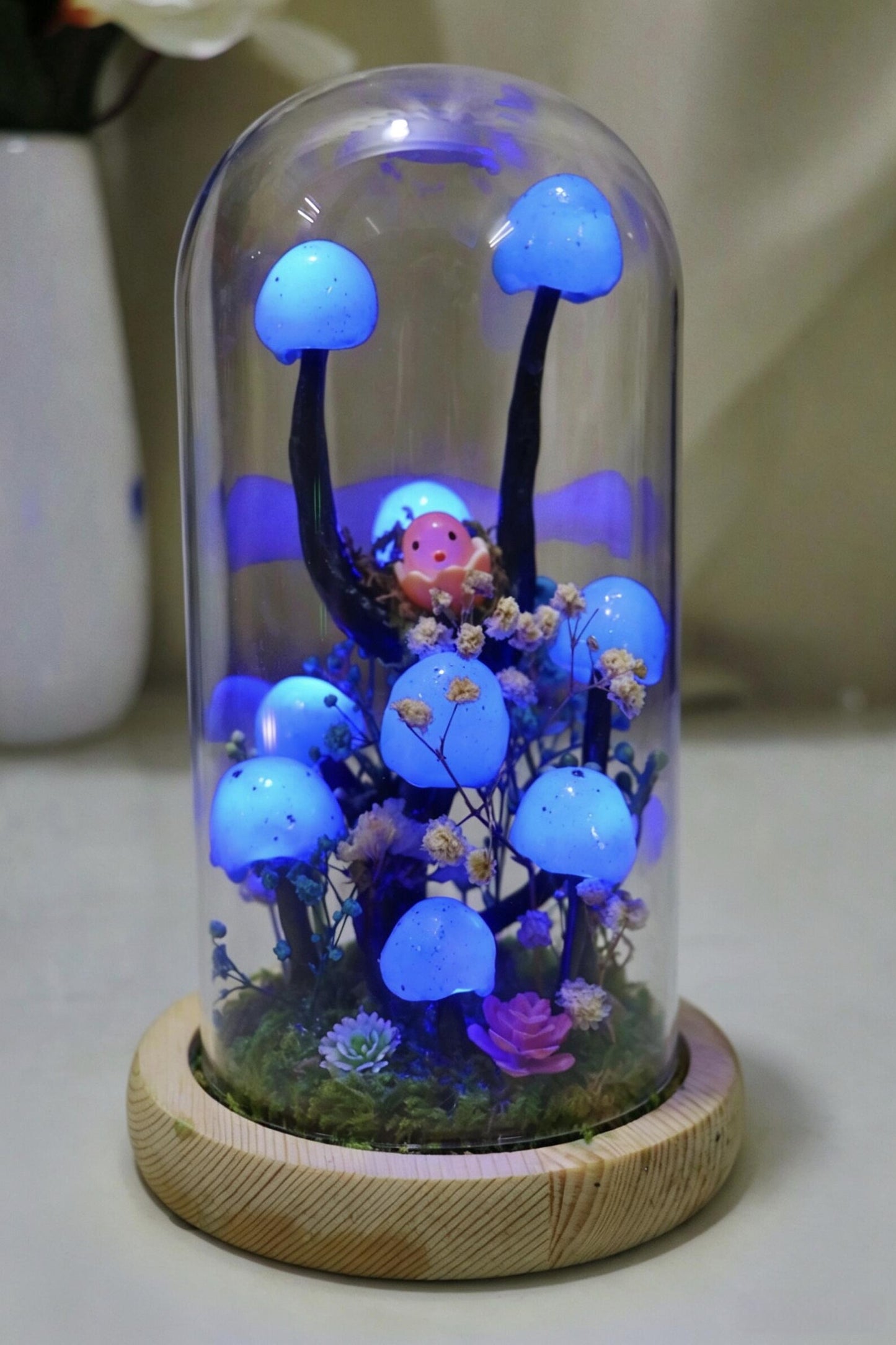 Handmade Blue Mushroom Glass Dome Night Light, Moss Terrarium Bedside Decor Lamp