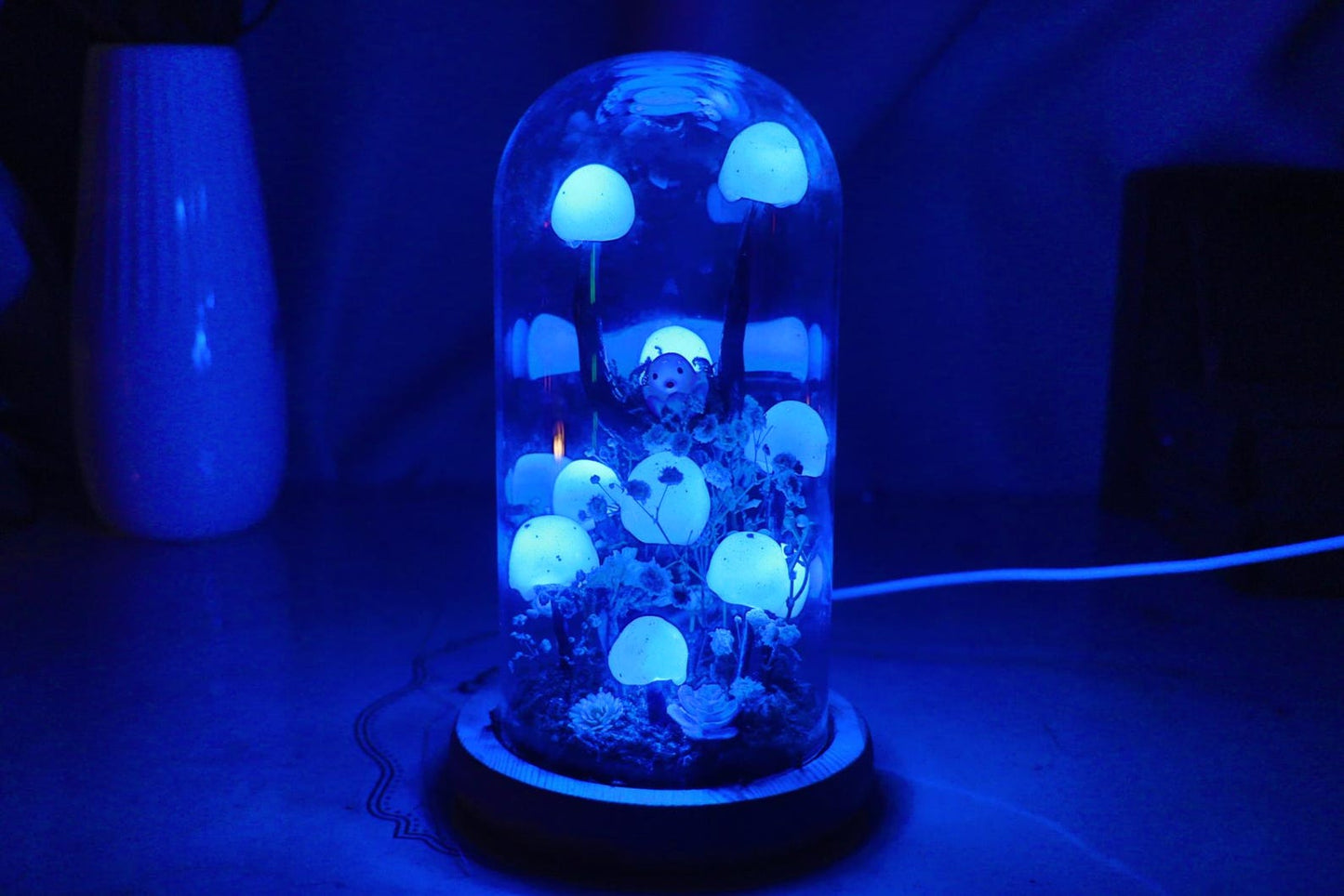 Handmade Blue Mushroom Glass Dome Night Light, Moss Terrarium Bedside Decor Lamp