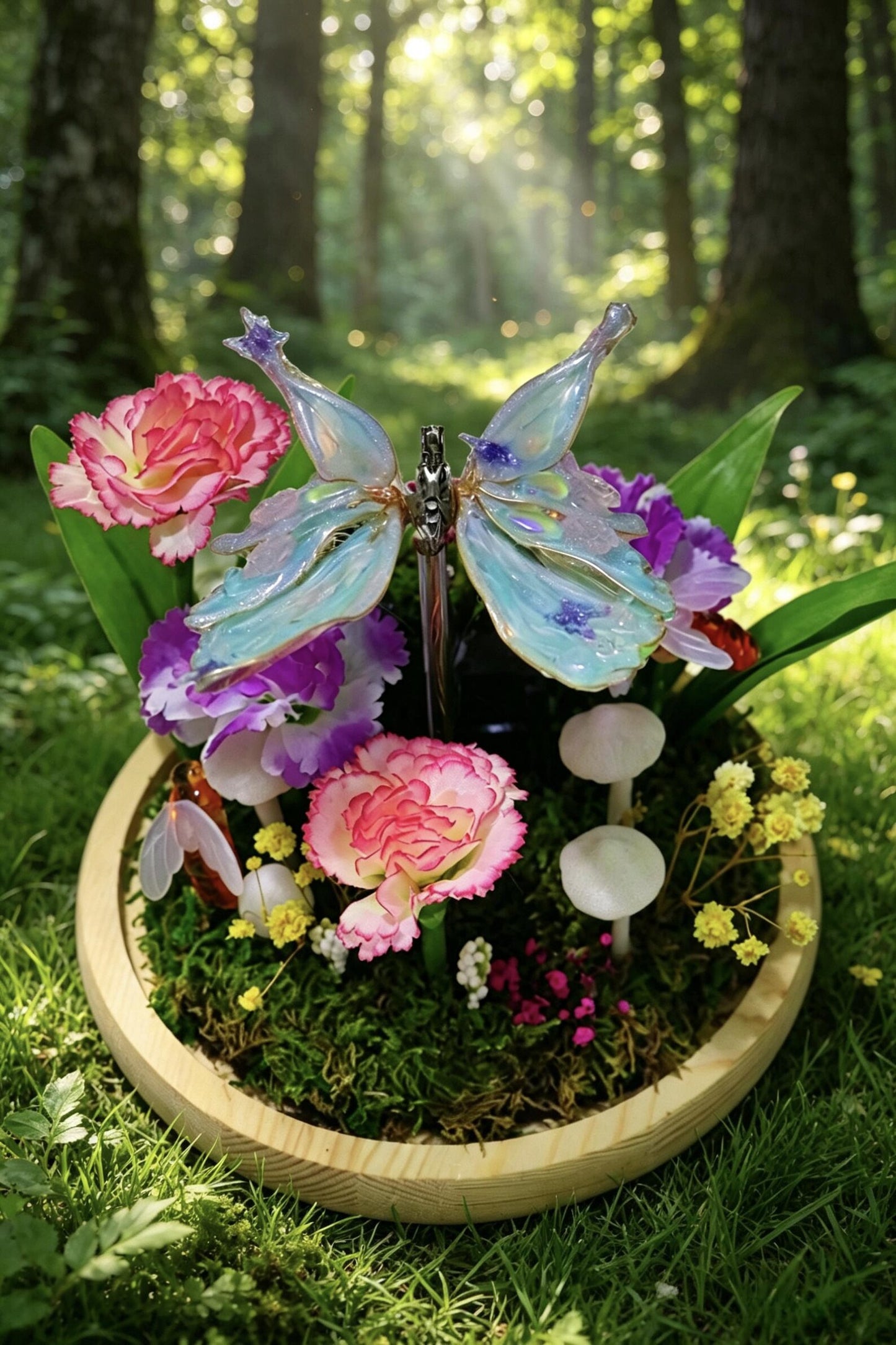 Moving Kinetic Blue Butterfly Glass Dome Night Light, Flower Mushroom Bedside Lamp