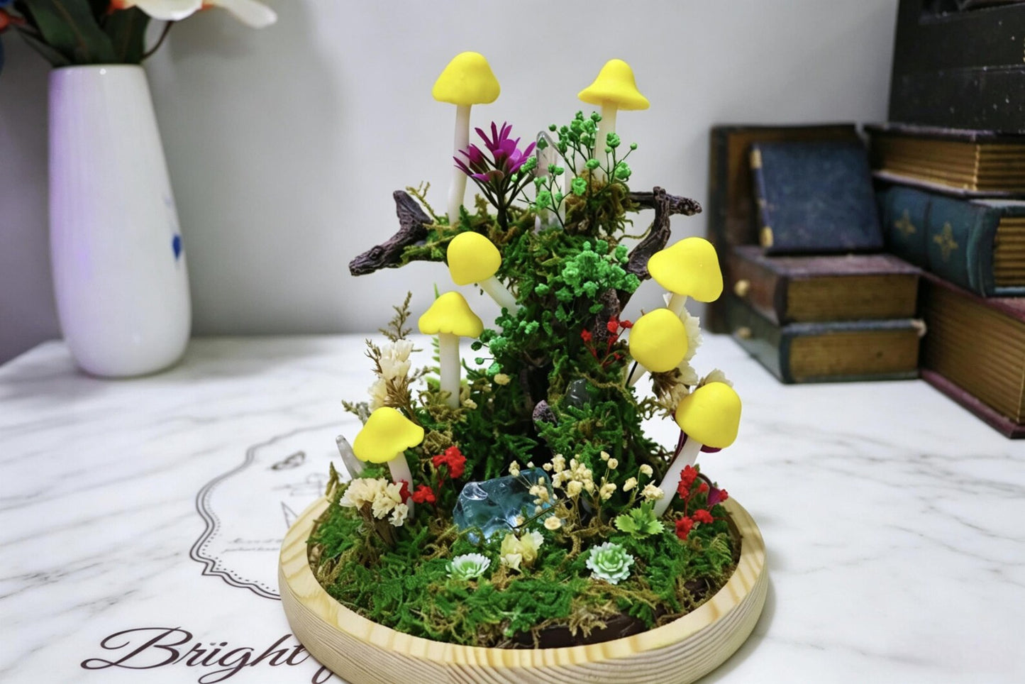 Handmade Enchanted Forest Mushroom Night Light, Glass Dome Moss Crystal Micro Landscape LED Lamp, Preserved Flower Fairycore Ambient Bedside Table Lamp, Whimsical Desktop Decor, Unique Birthday Valentine Anniversary Gift for Women Girlfriend
