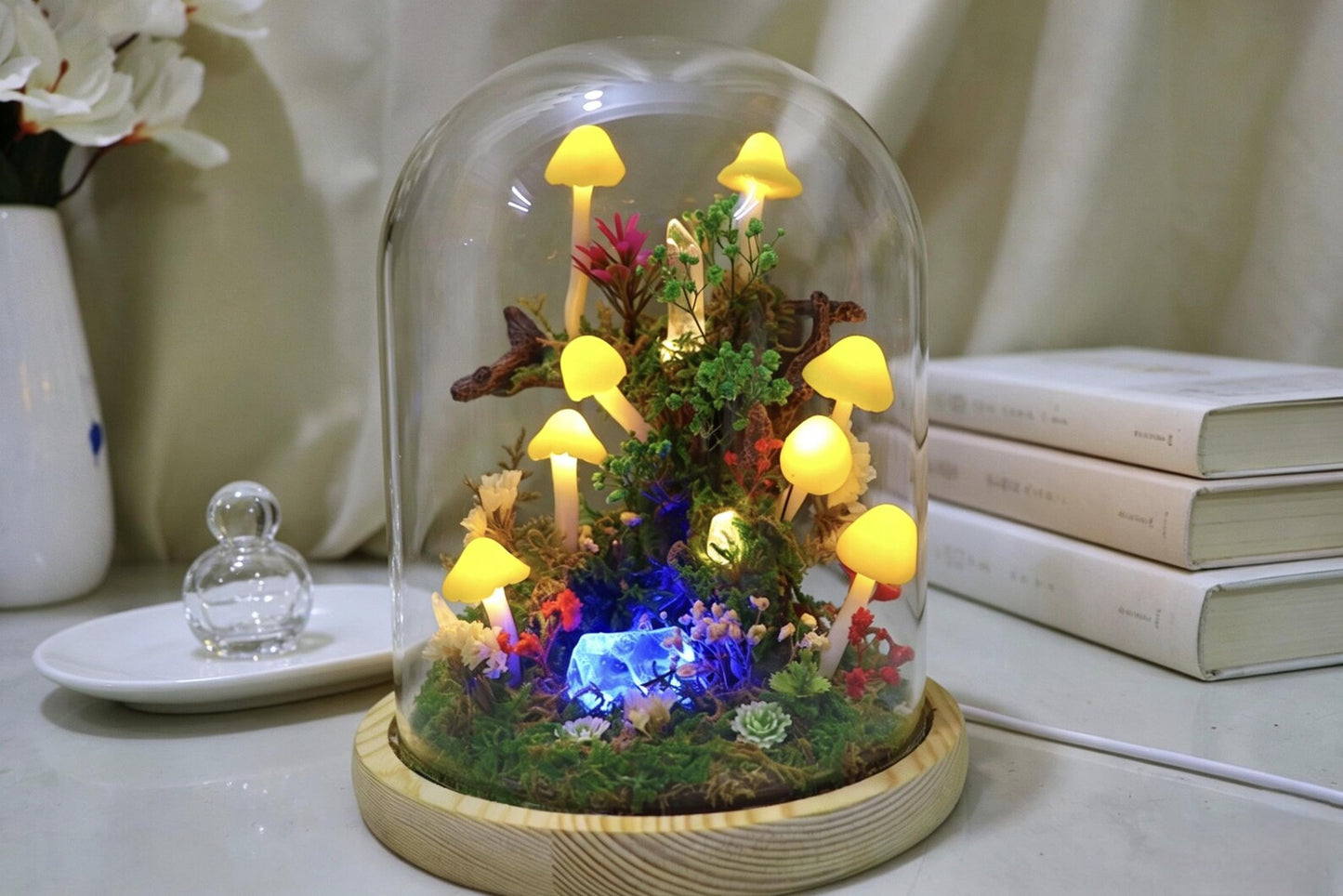 Handmade Enchanted Forest Mushroom Night Light, Glass Dome Moss Crystal Micro Landscape LED Lamp, Preserved Flower Fairycore Ambient Bedside Table Lamp, Whimsical Desktop Decor, Unique Birthday Valentine Anniversary Gift for Women Girlfriend