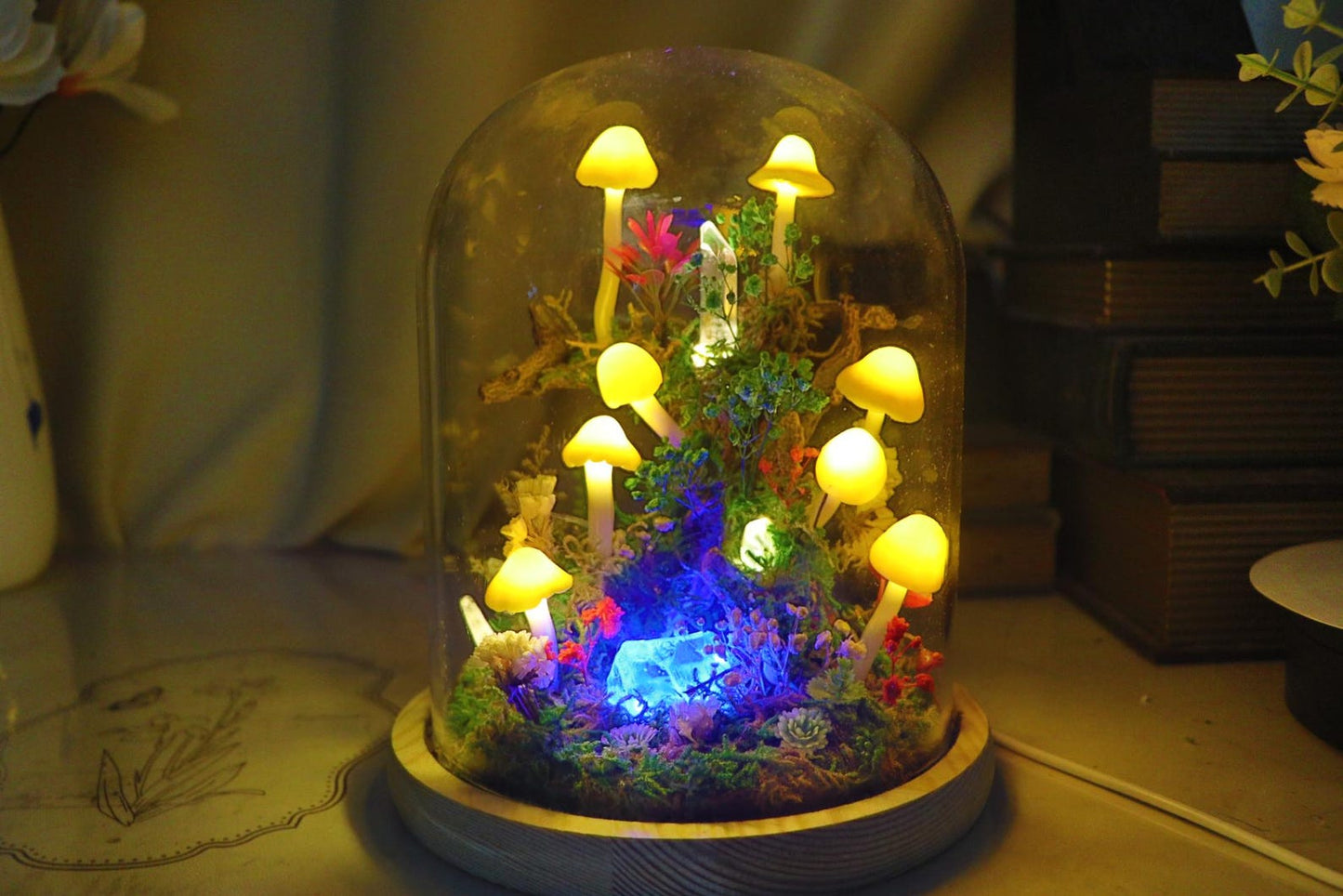 Handmade Enchanted Forest Mushroom Night Light, Glass Dome Moss Crystal Micro Landscape LED Lamp, Preserved Flower Fairycore Ambient Bedside Table Lamp, Whimsical Desktop Decor, Unique Birthday Valentine Anniversary Gift for Women Girlfriend