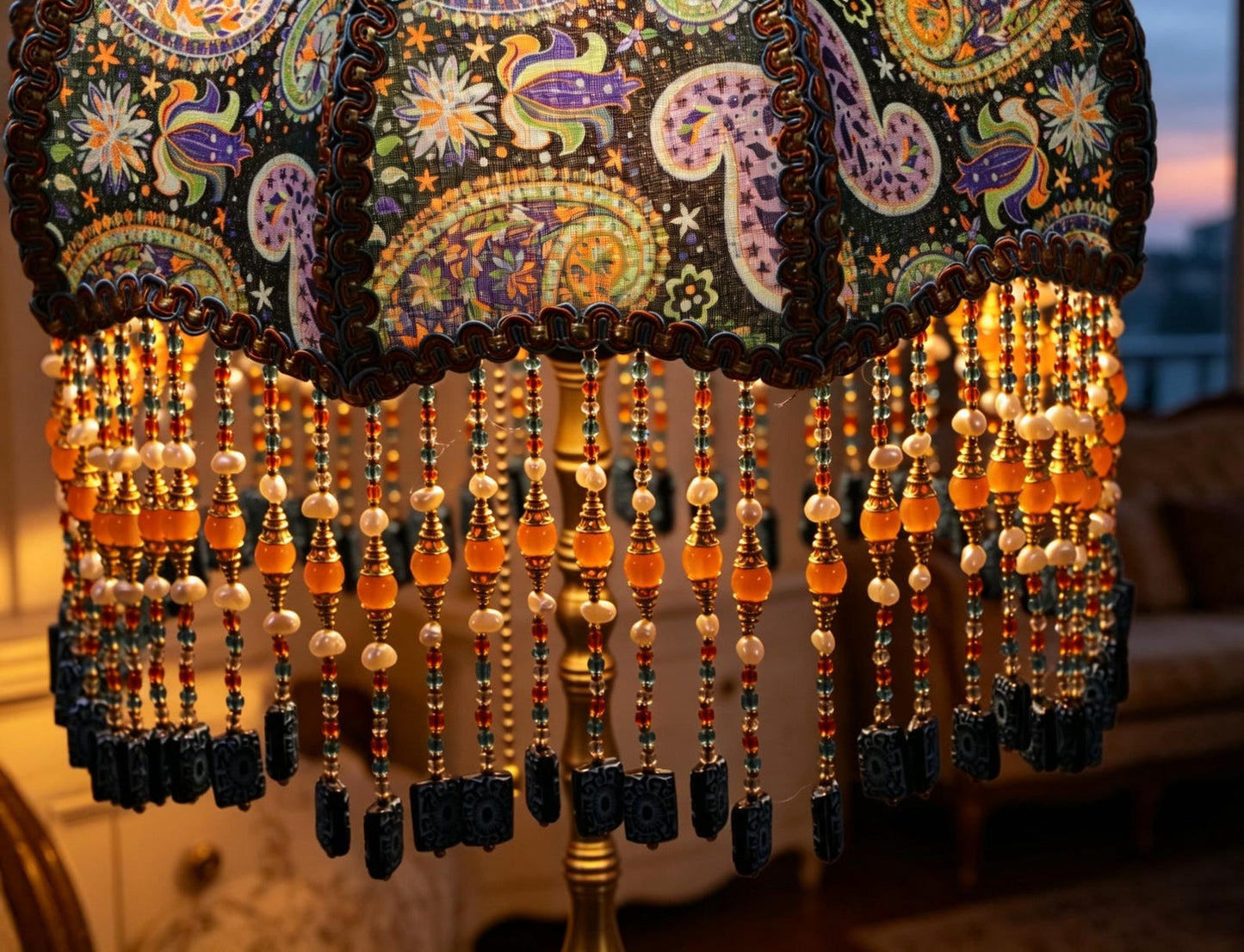 Handmade Victorian paisley beaded tassel floor lamp, Bohemian-style deep blue floral lamp, a unique housewarming gift.