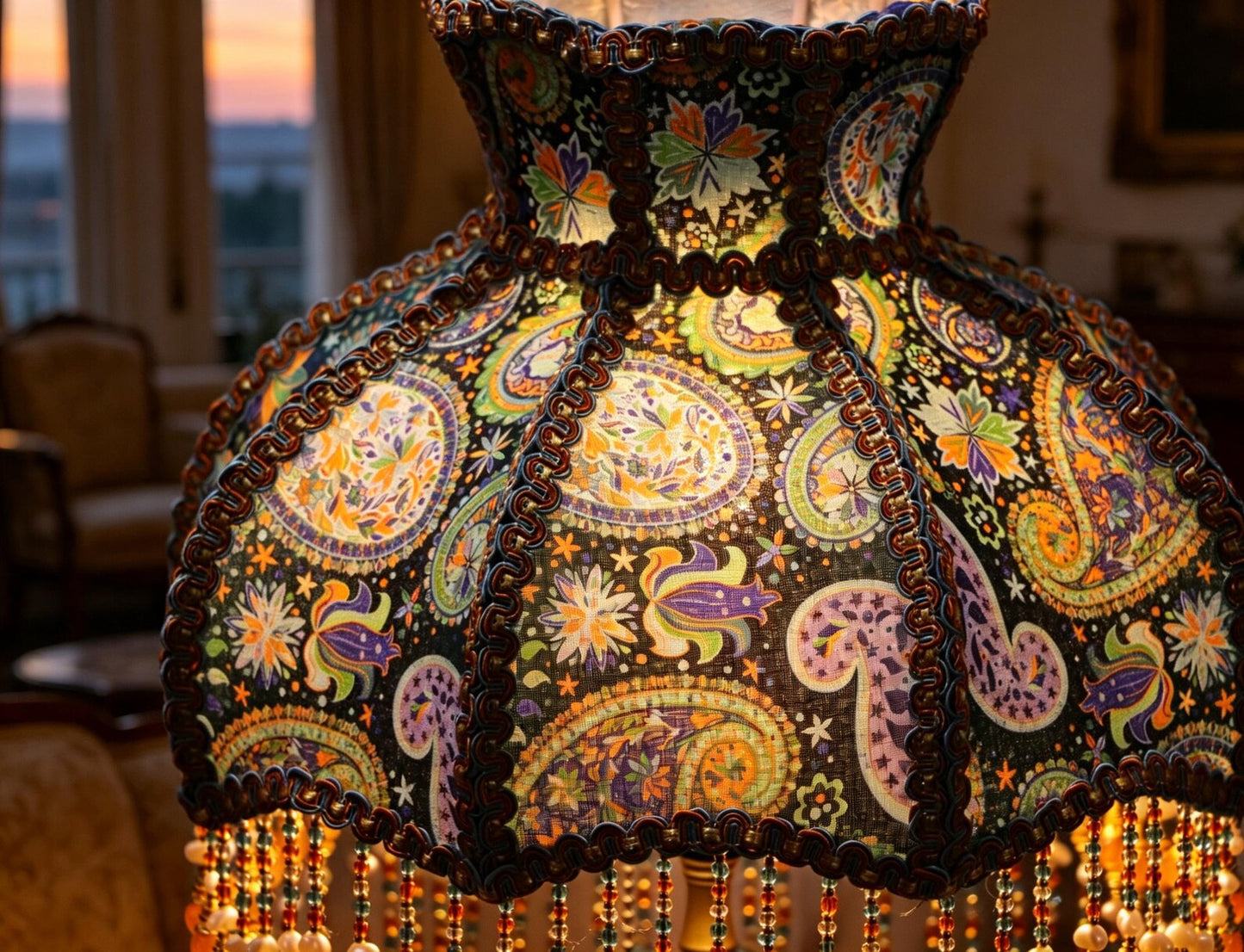 Handmade Victorian paisley beaded tassel floor lamp, Bohemian-style deep blue floral lamp, a unique housewarming gift.