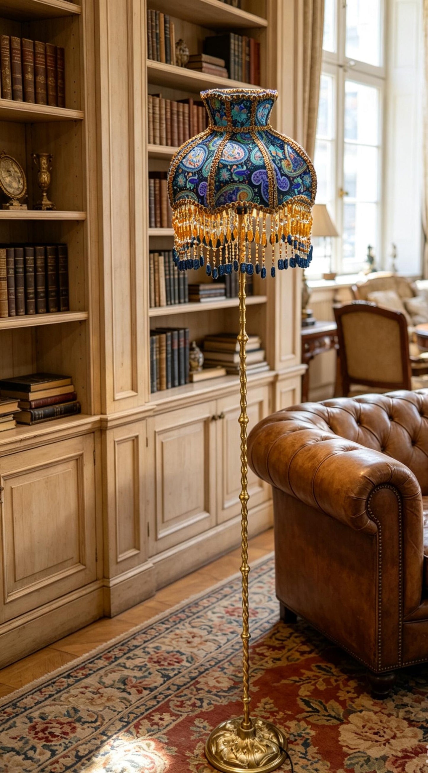 Handmade Victorian paisley beaded tassel floor lamp, Bohemian-style deep blue floral lamp, a unique housewarming gift.