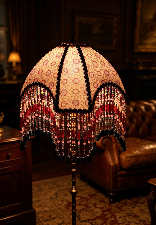 Vintage Victorian style beaded tassel floor lamp | Handmade lace dome lampshade floor lamp, suitable for country and Victorian home décor.