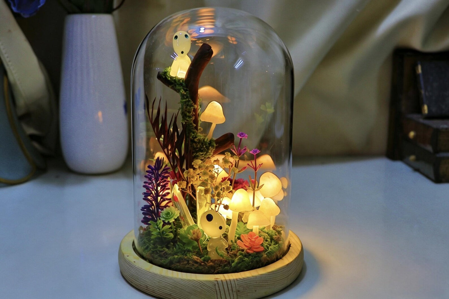 Ghost Elf Mushroom Glass Dome Night Light, Forest Moss Bell Jar Bedside Decor Lamp