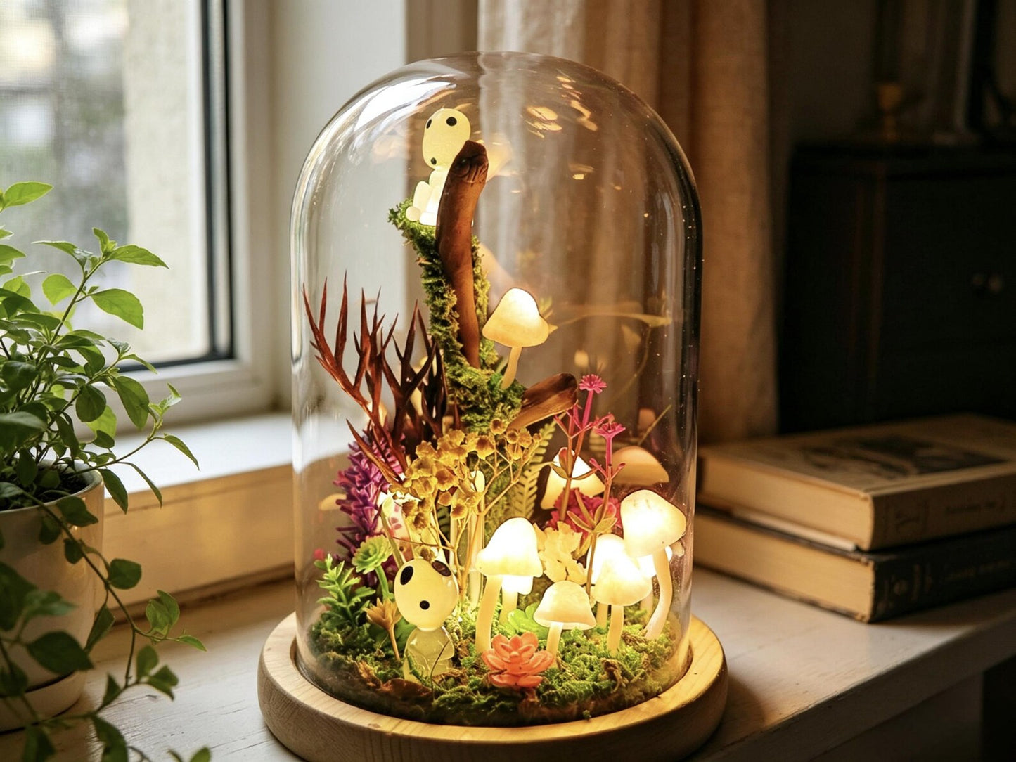 Ghost Elf Mushroom Glass Dome Night Light, Forest Moss Bell Jar Bedside Decor Lamp