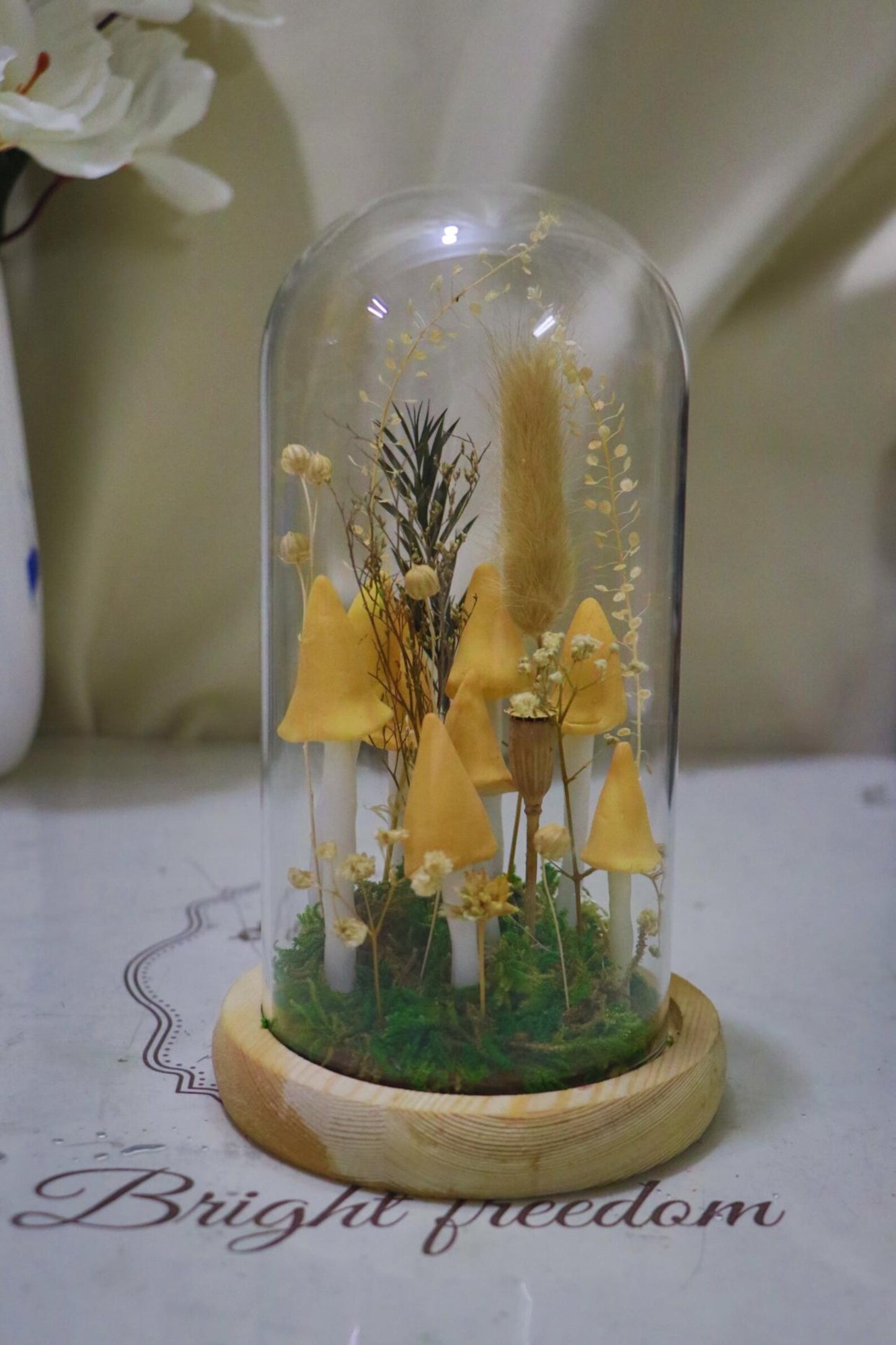 Handmade Yellow Mushroom Glass Dome Night Light, Dried Flower Moss Terrarium Bedside Lamp