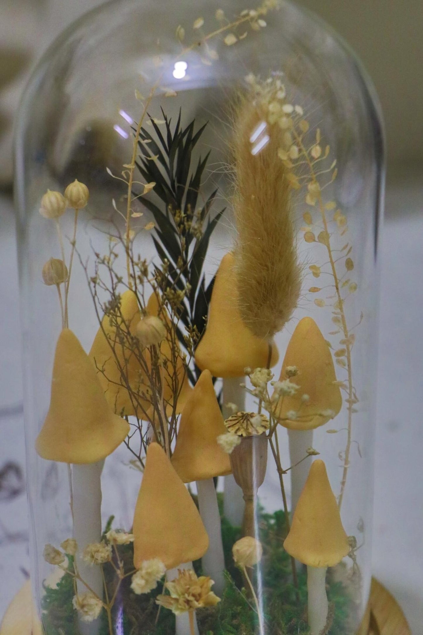Handmade Yellow Mushroom Glass Dome Night Light, Dried Flower Moss Terrarium Bedside Lamp