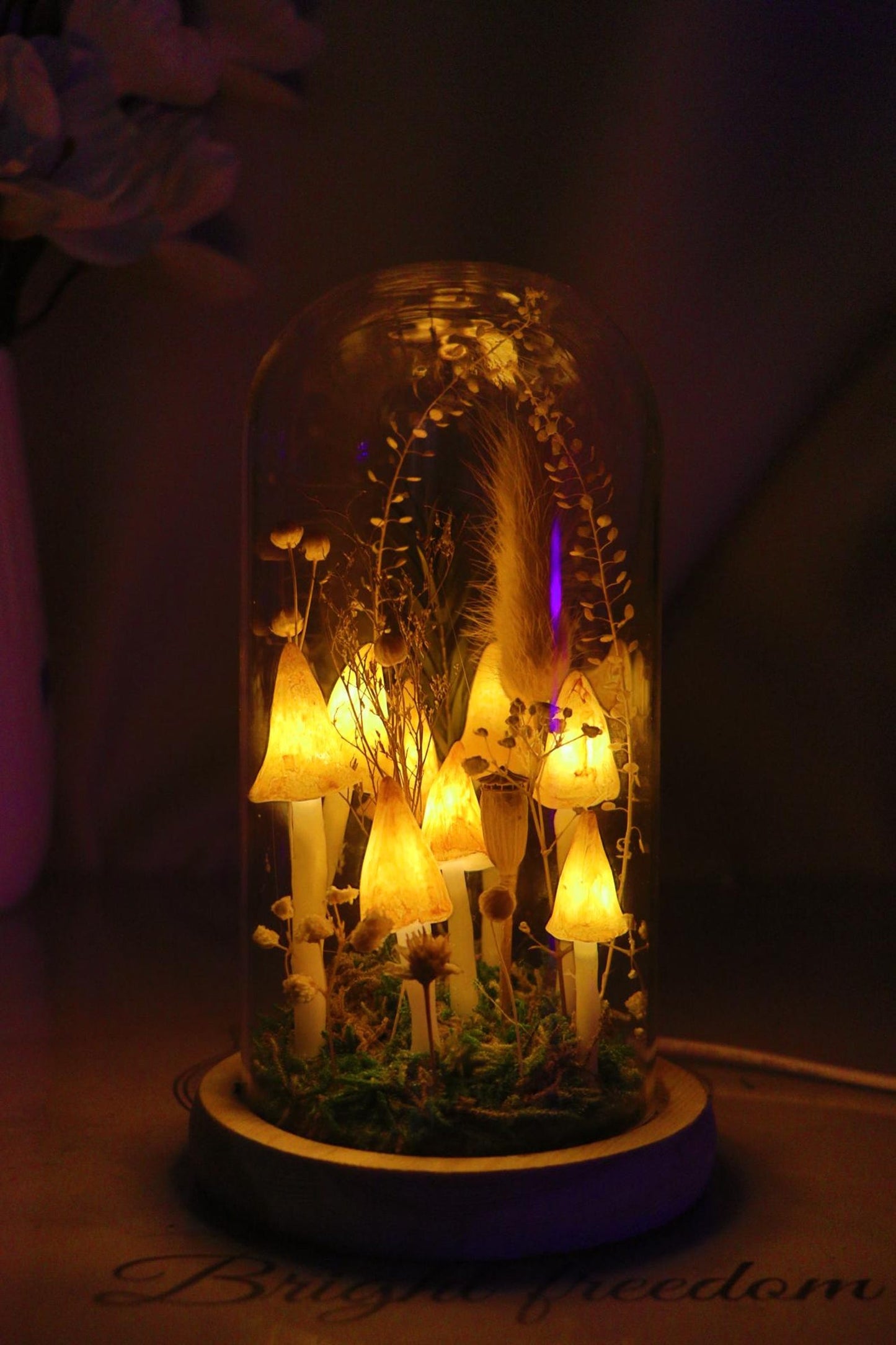Handmade Yellow Mushroom Glass Dome Night Light, Dried Flower Moss Terrarium Bedside Lamp