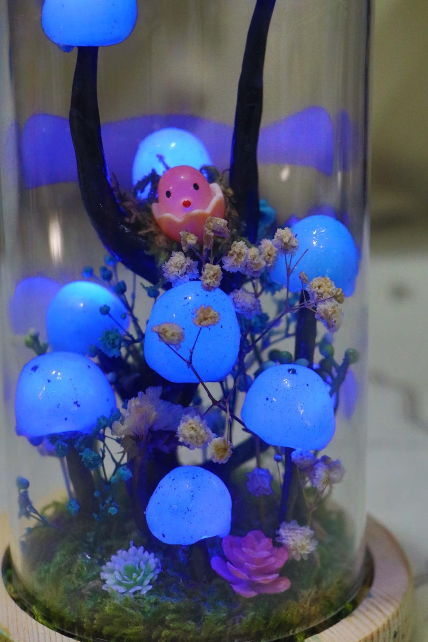 Handmade Blue Mushroom Glass Dome Night Light, Moss Terrarium Bedside Decor Lamp