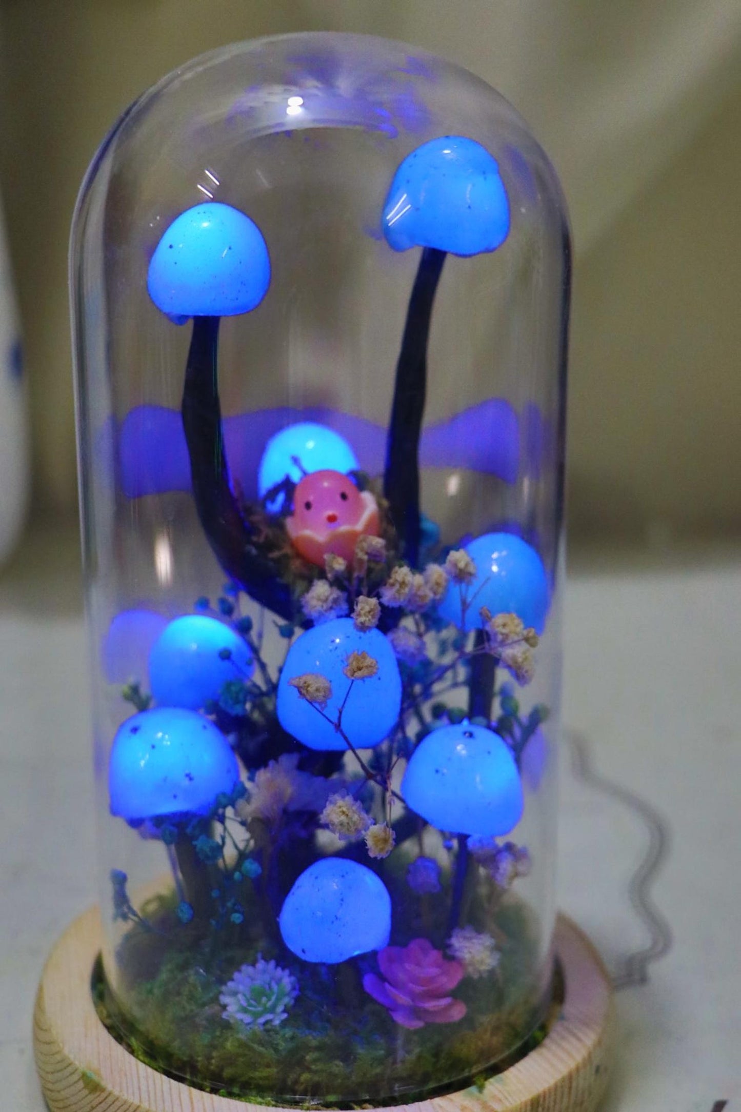 Handmade Blue Mushroom Glass Dome Night Light, Moss Terrarium Bedside Decor Lamp