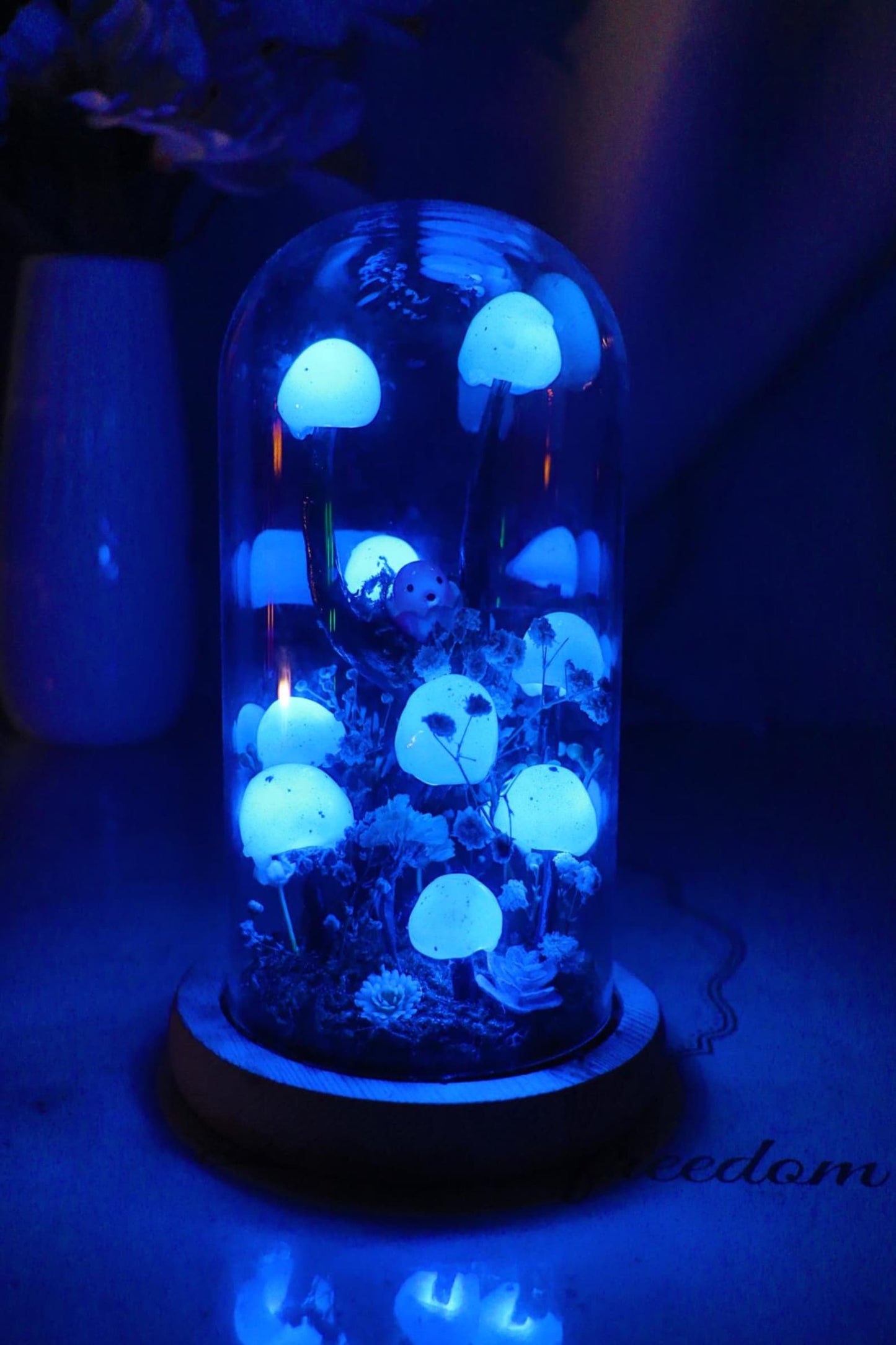 Handmade Blue Mushroom Glass Dome Night Light, Moss Terrarium Bedside Decor Lamp
