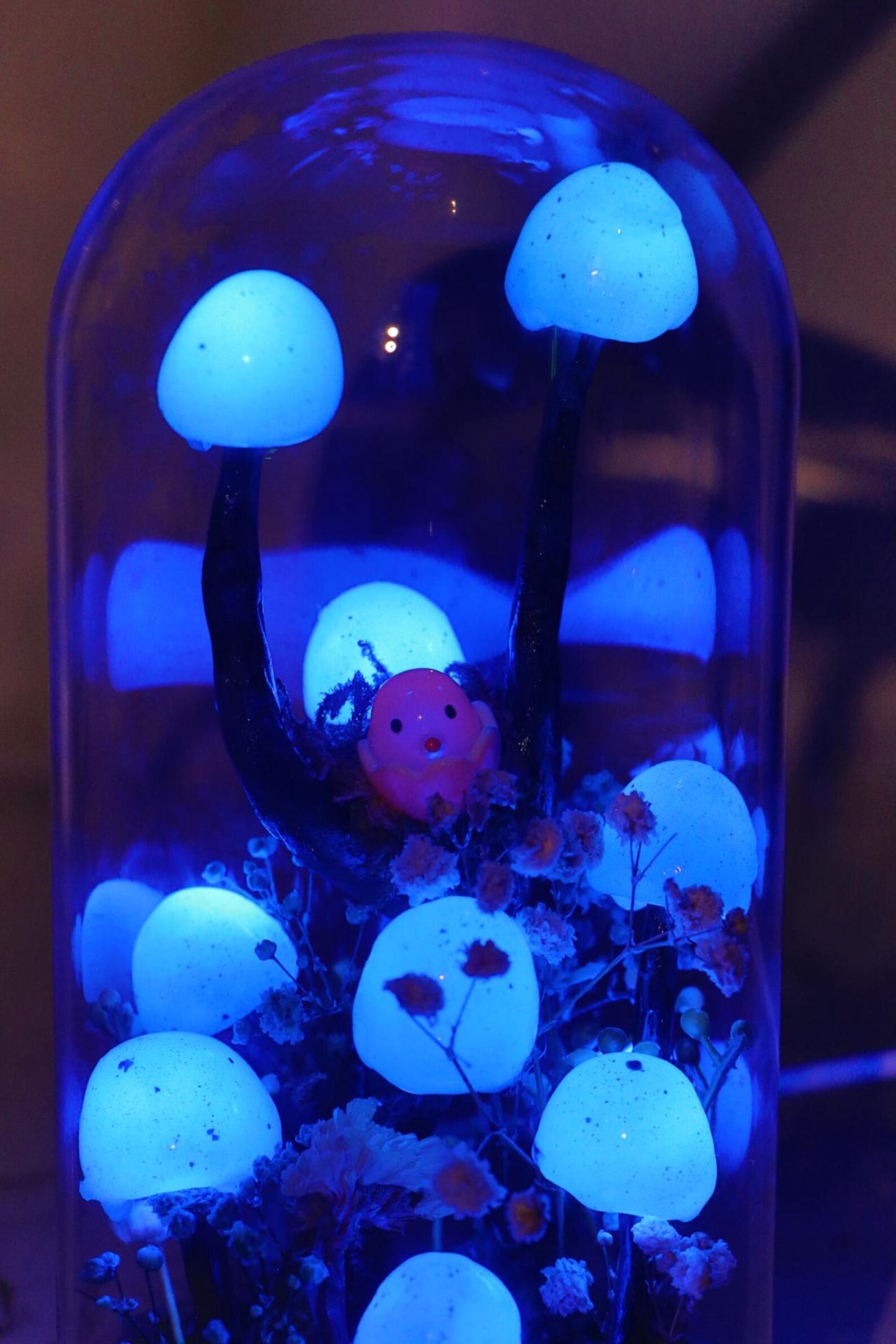 Handmade Blue Mushroom Glass Dome Night Light, Moss Terrarium Bedside Decor Lamp