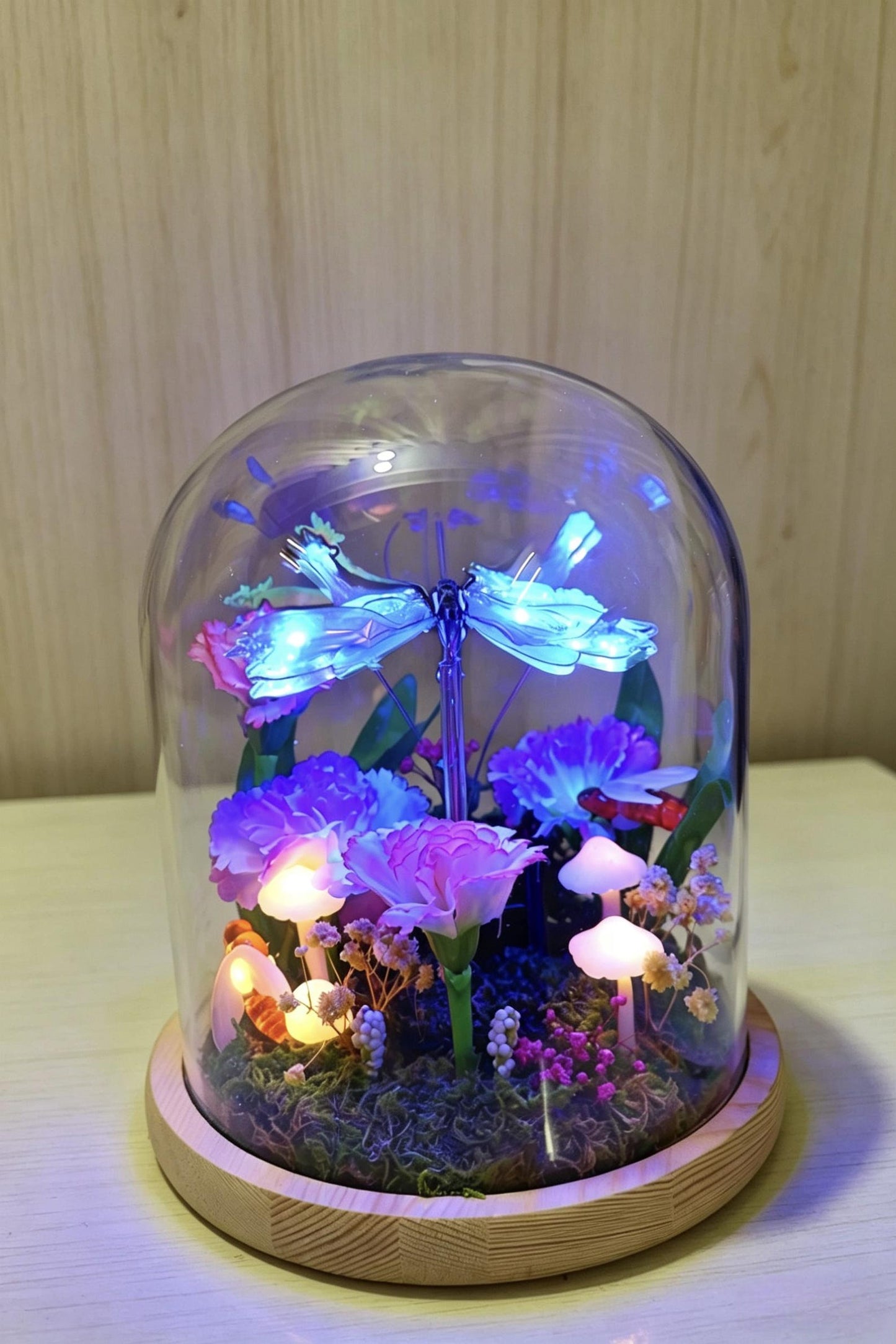 Moving Kinetic Blue Butterfly Glass Dome Night Light, Flower Mushroom Bedside Lamp