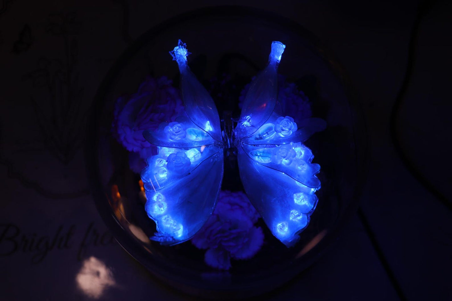Moving Kinetic Blue Butterfly Glass Dome Night Light, Flower Mushroom Bedside Lamp