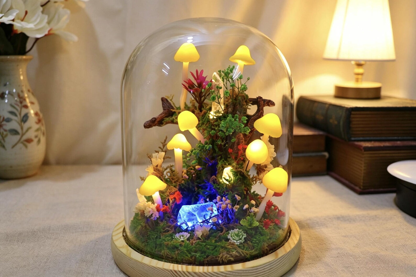 Handmade Enchanted Forest Mushroom Night Light, Glass Dome Moss Crystal Micro Landscape LED Lamp, Preserved Flower Fairycore Ambient Bedside Table Lamp, Whimsical Desktop Decor, Unique Birthday Valentine Anniversary Gift for Women Girlfriend
