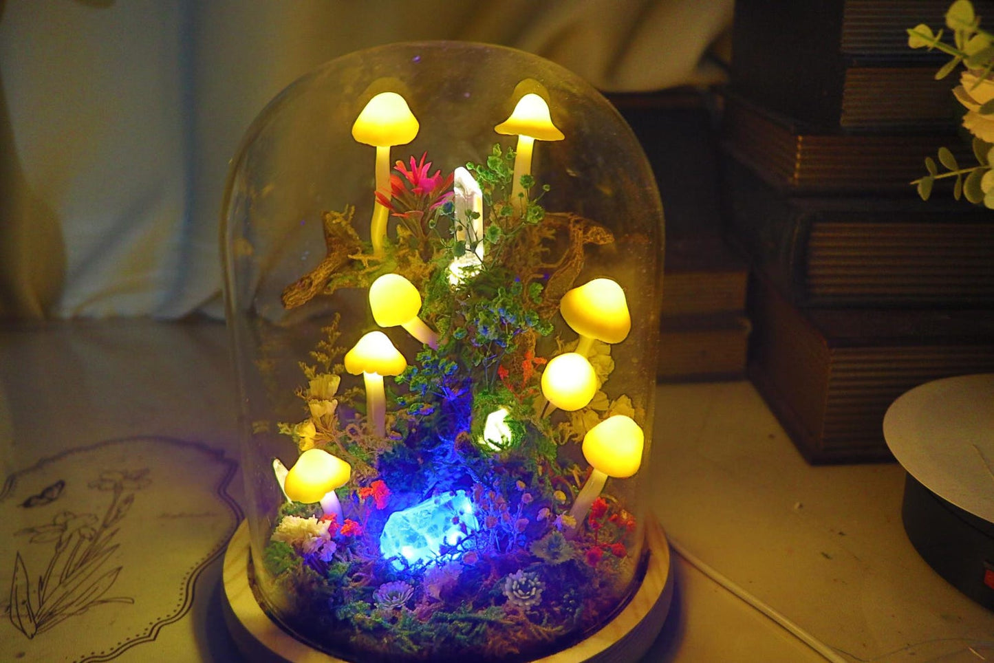 Handmade Enchanted Forest Mushroom Night Light, Glass Dome Moss Crystal Micro Landscape LED Lamp, Preserved Flower Fairycore Ambient Bedside Table Lamp, Whimsical Desktop Decor, Unique Birthday Valentine Anniversary Gift for Women Girlfriend