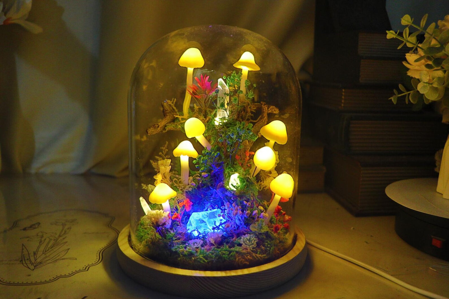 Handmade Enchanted Forest Mushroom Night Light, Glass Dome Moss Crystal Micro Landscape LED Lamp, Preserved Flower Fairycore Ambient Bedside Table Lamp, Whimsical Desktop Decor, Unique Birthday Valentine Anniversary Gift for Women Girlfriend